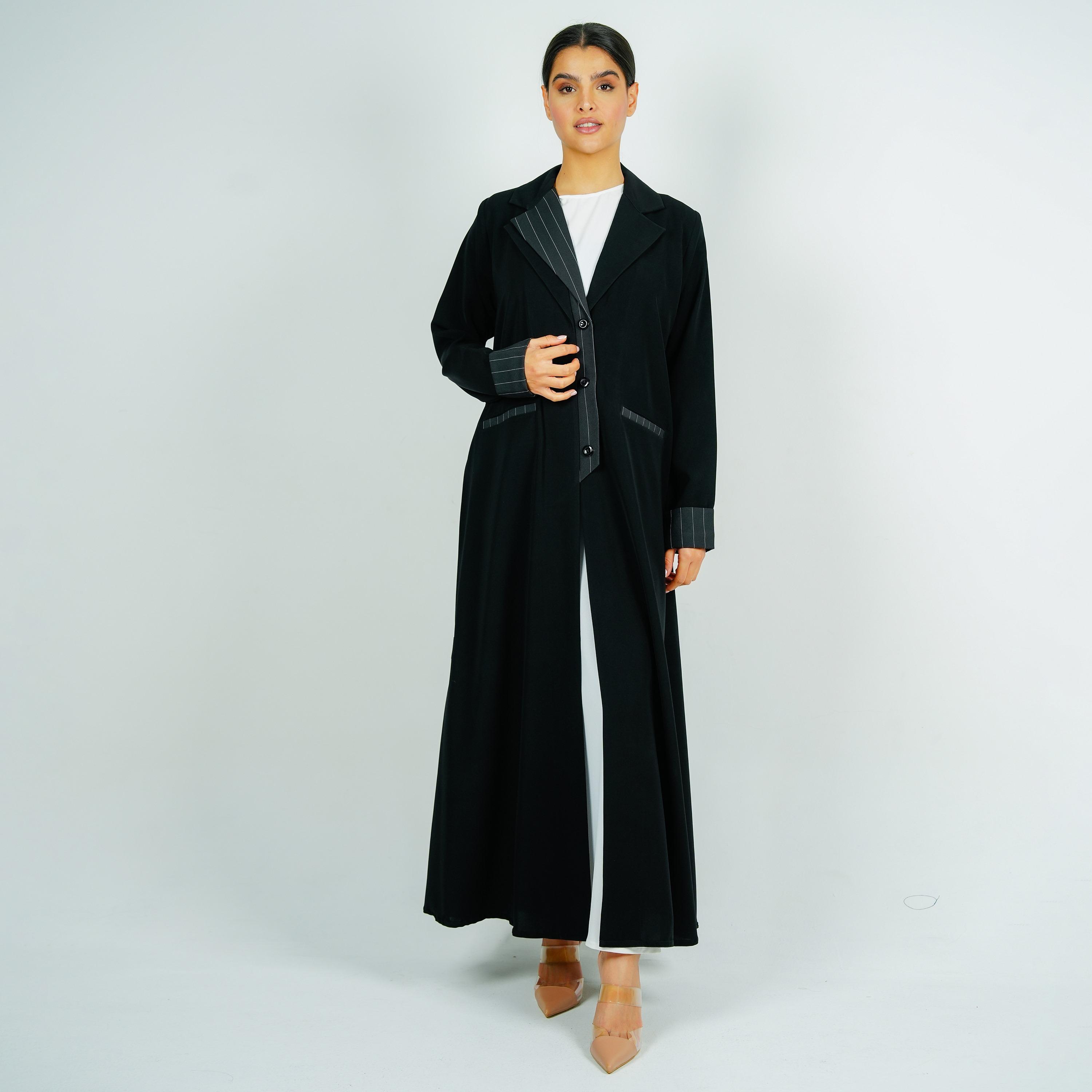 Rosette Abaya Black Lapel Collar Barbie Crepe Formal Coat Style Abaya with Hijab-women-arabicclothing-abayas-image-5