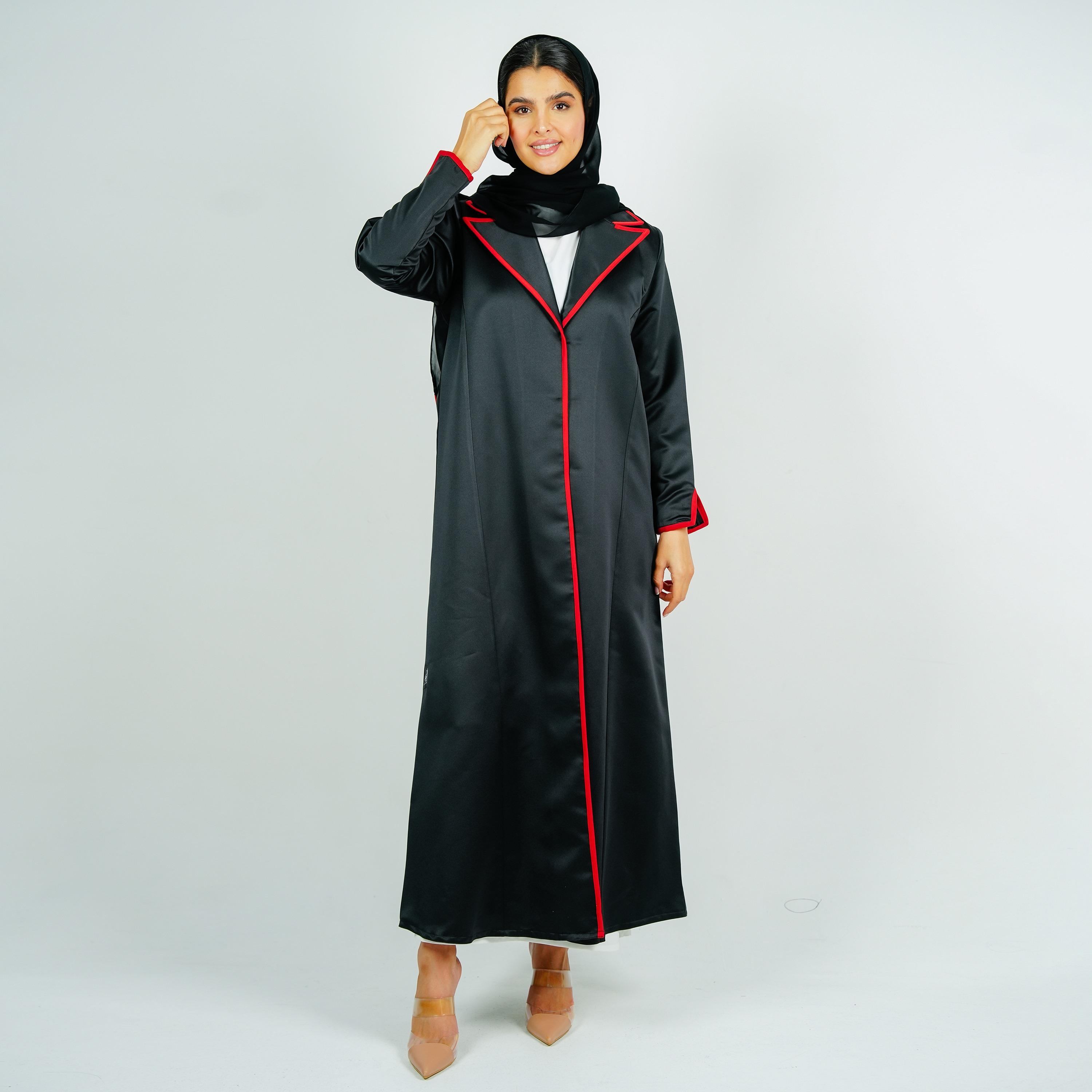 عباية رسمية بتصميم معطف ساتان عرائسي بياقة لا بيل وتحديد متباين مع حجاب من روزيت عباية-women-arabicclothing-abayas-image-1