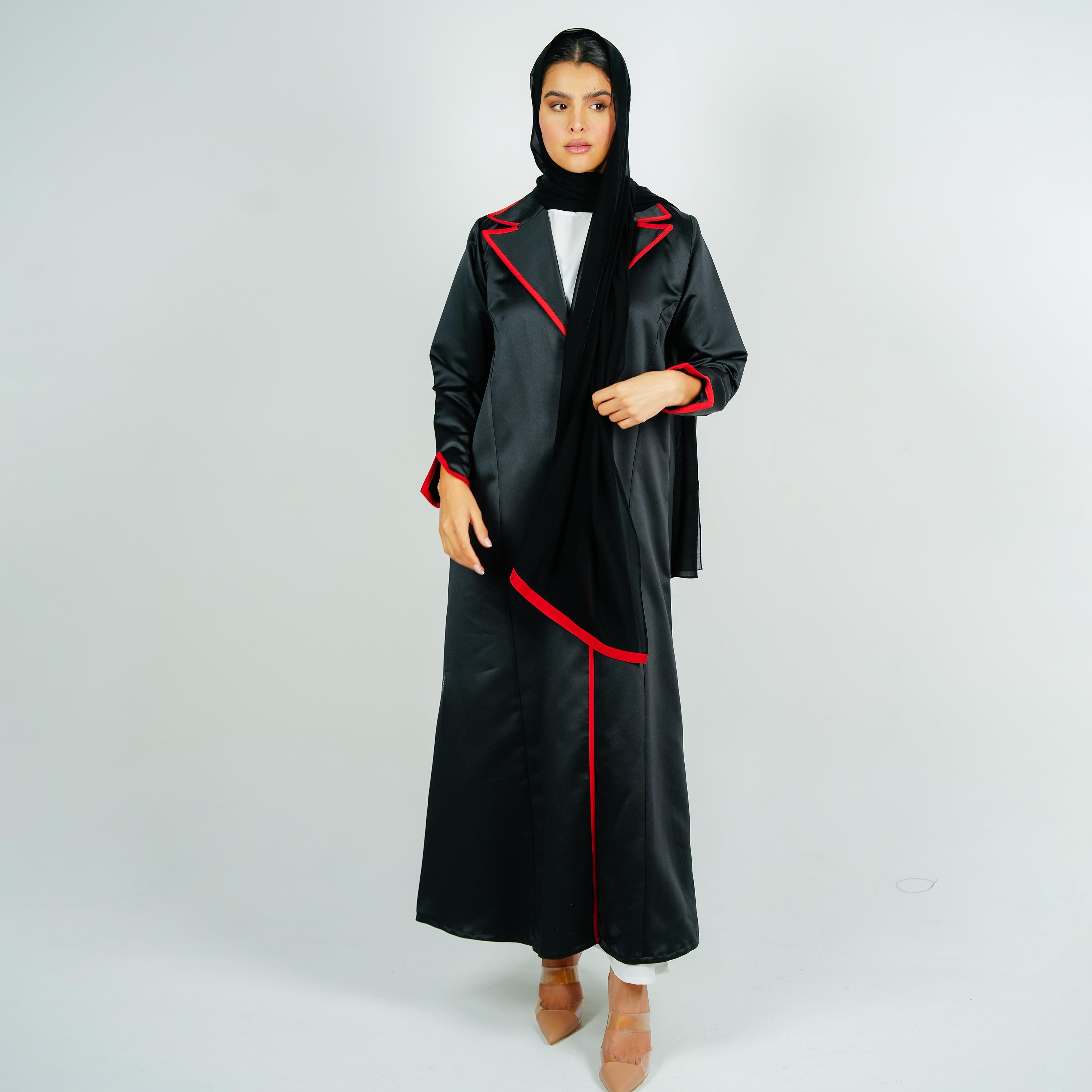 عباية رسمية بتصميم معطف ساتان عرائسي بياقة لا بيل وتحديد متباين مع حجاب من روزيت عباية-women-arabicclothing-abayas-image-4