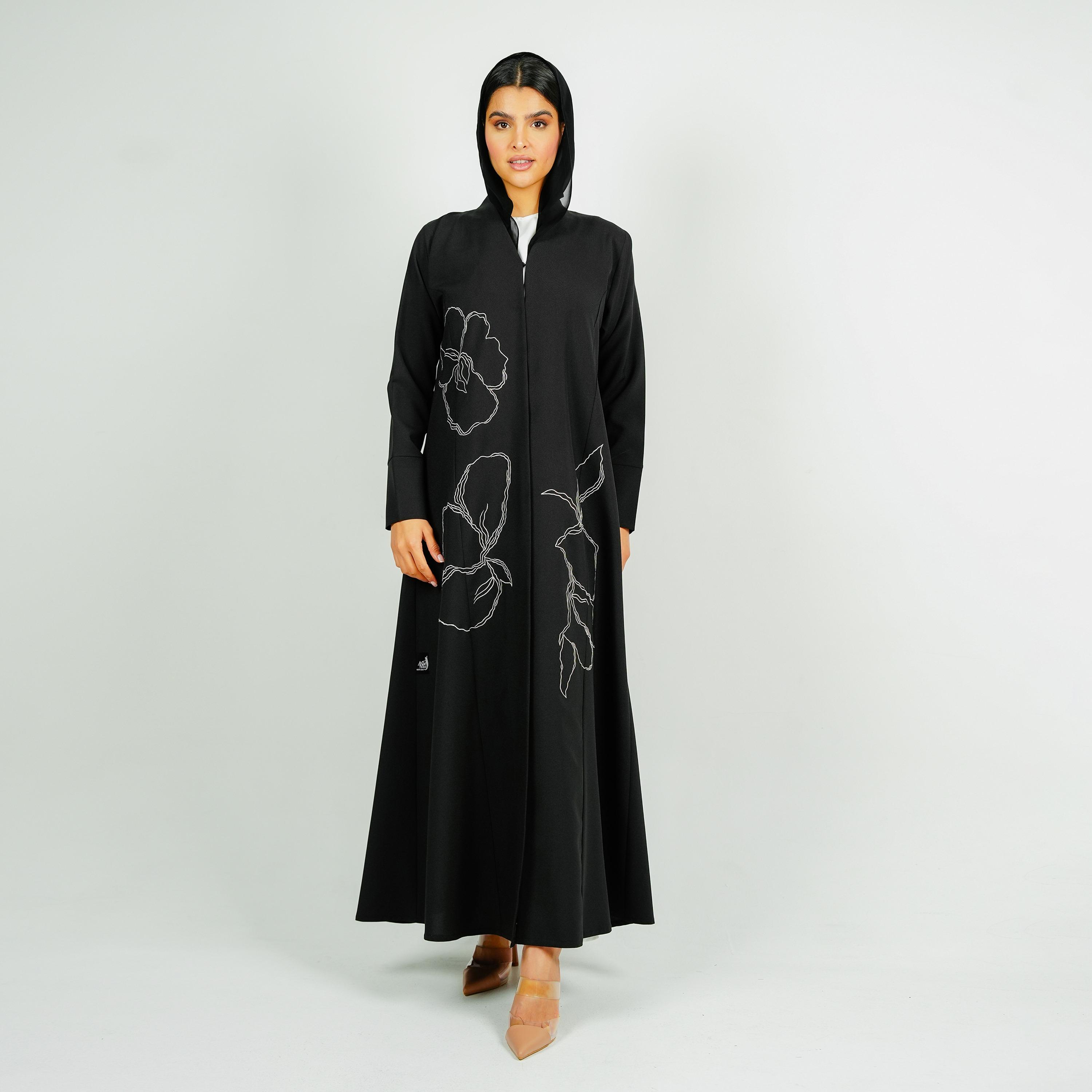 Rosette Abaya Black Floral Embroidered Bridal Satin Abaya with Hijab-women-arabicclothing-abayas-image-1
