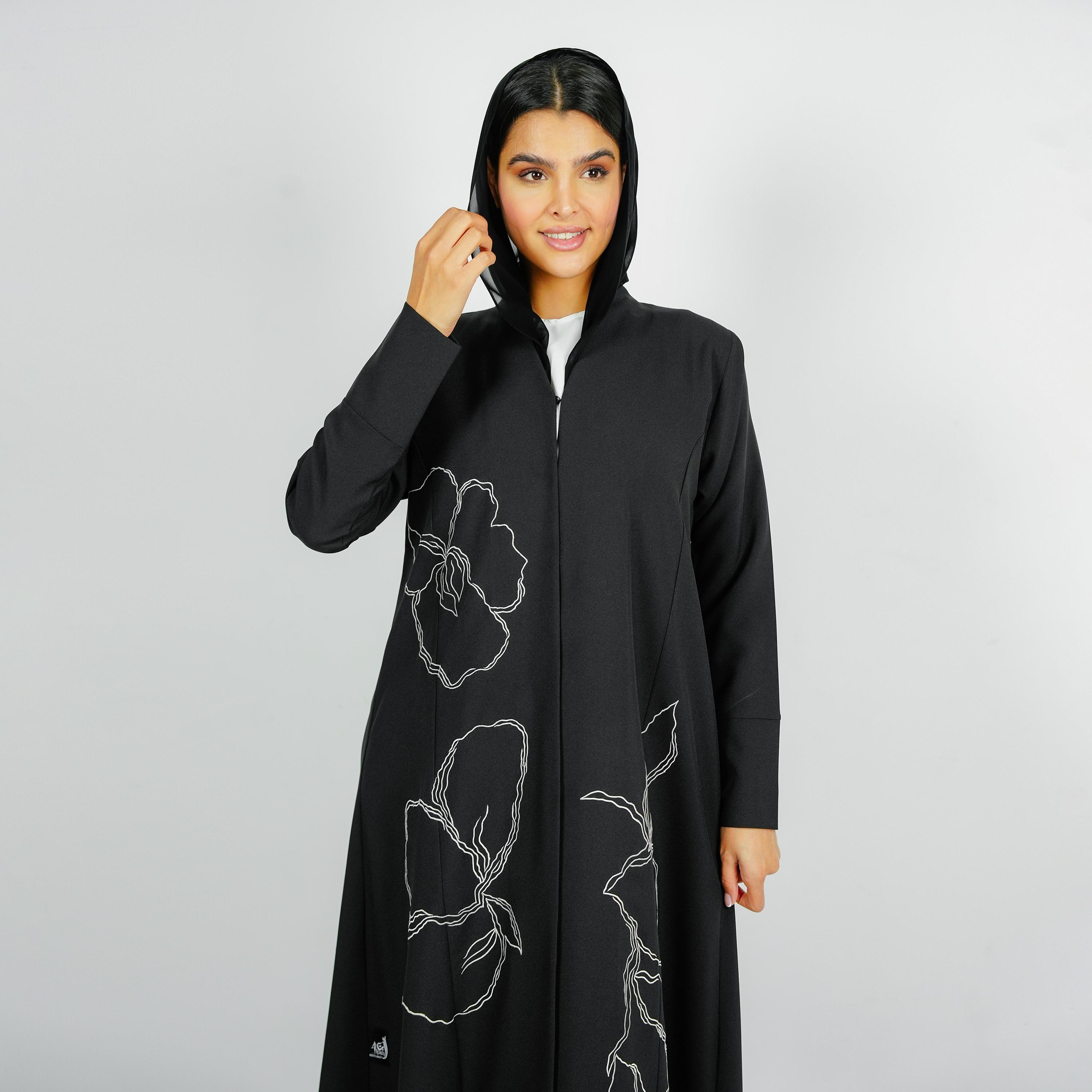 Rosette Abaya Black Floral Embroidered Bridal Satin Abaya with Hijab-women-arabicclothing-abayas-image-2