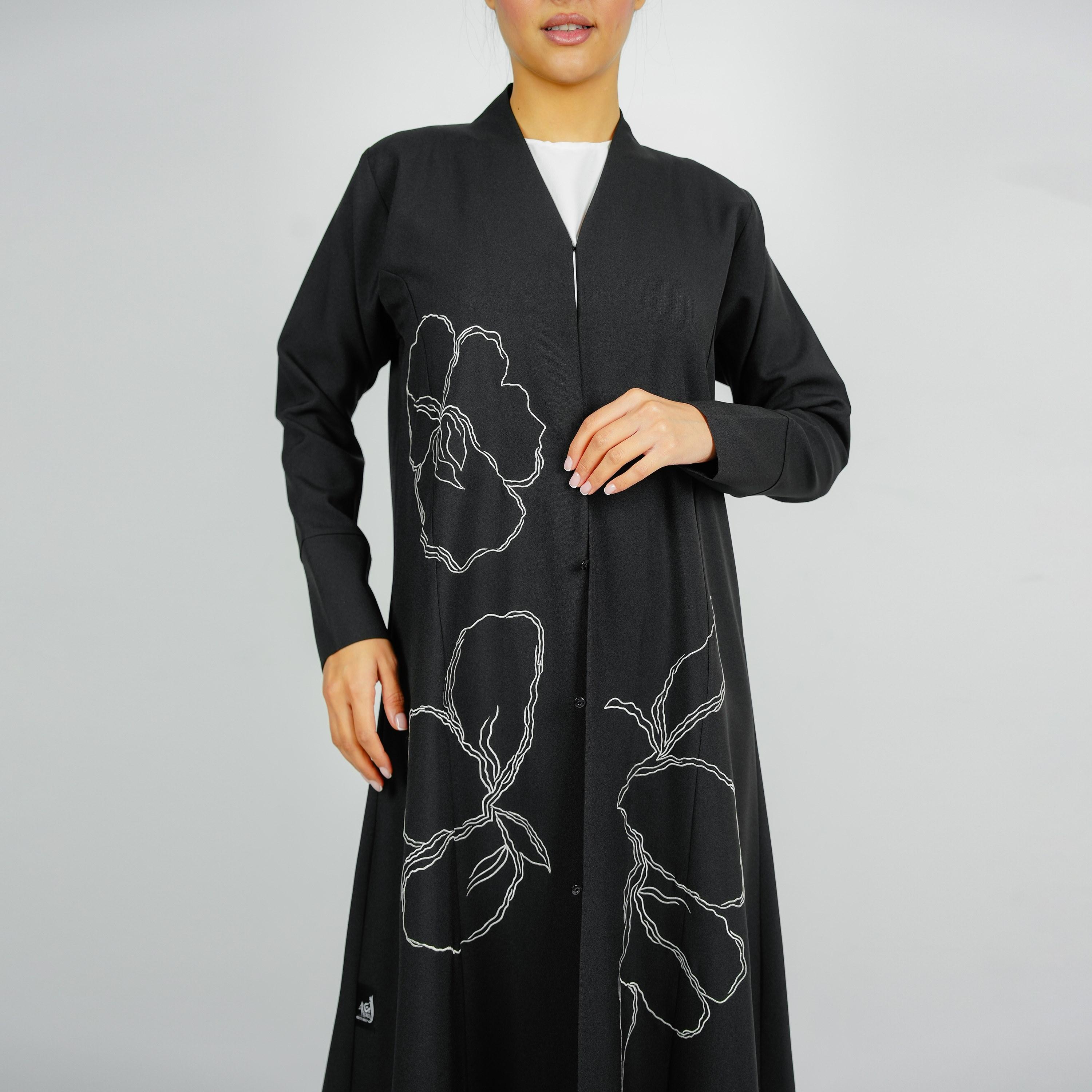 Rosette Abaya Black Floral Embroidered Bridal Satin Abaya with Hijab-women-arabicclothing-abayas-image-3