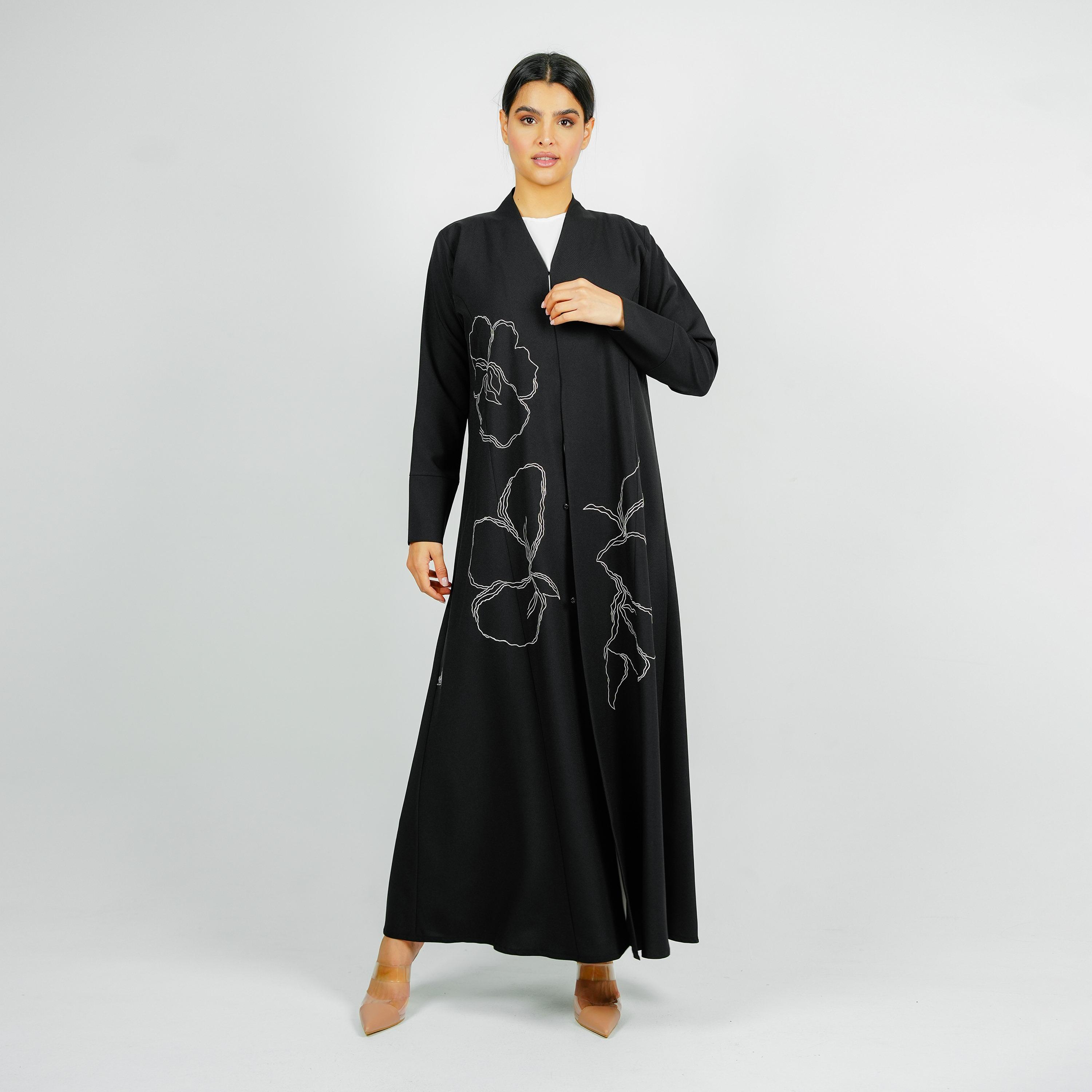 Rosette Abaya Black Floral Embroidered Bridal Satin Abaya with Hijab-women-arabicclothing-abayas-image-4