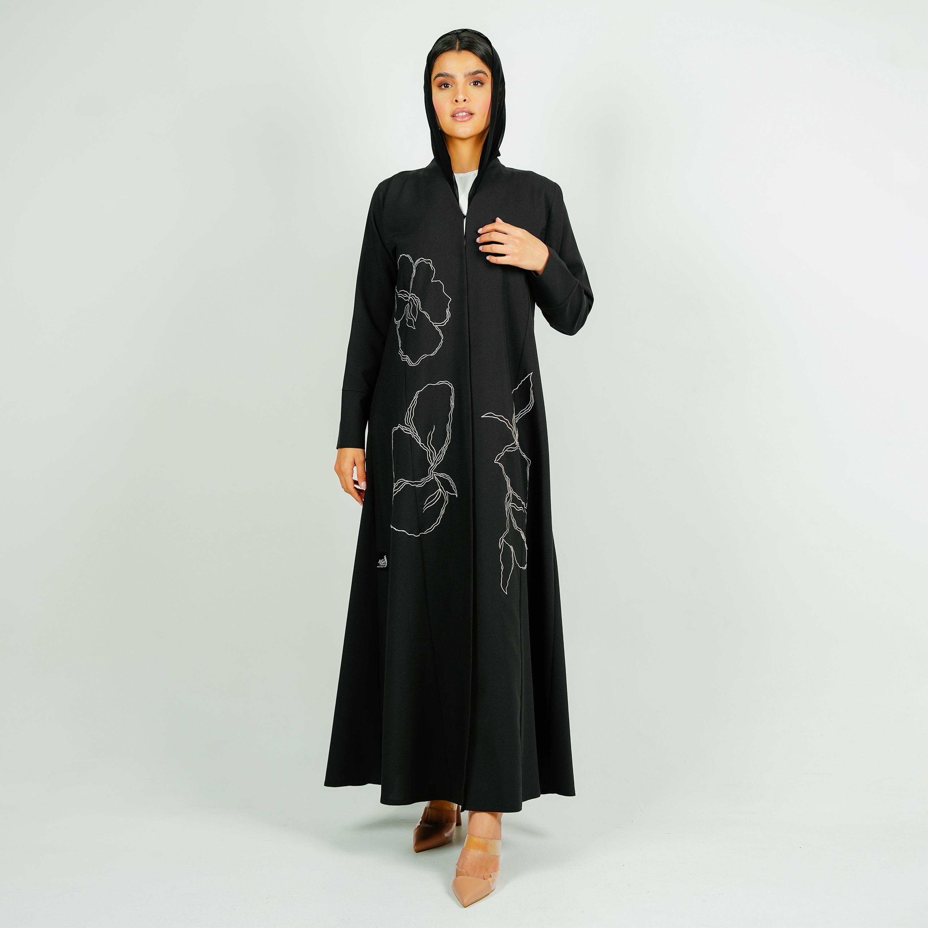 Rosette Abaya Black Floral Embroidered Bridal Satin Abaya with Hijab-women-arabicclothing-abayas-image-5