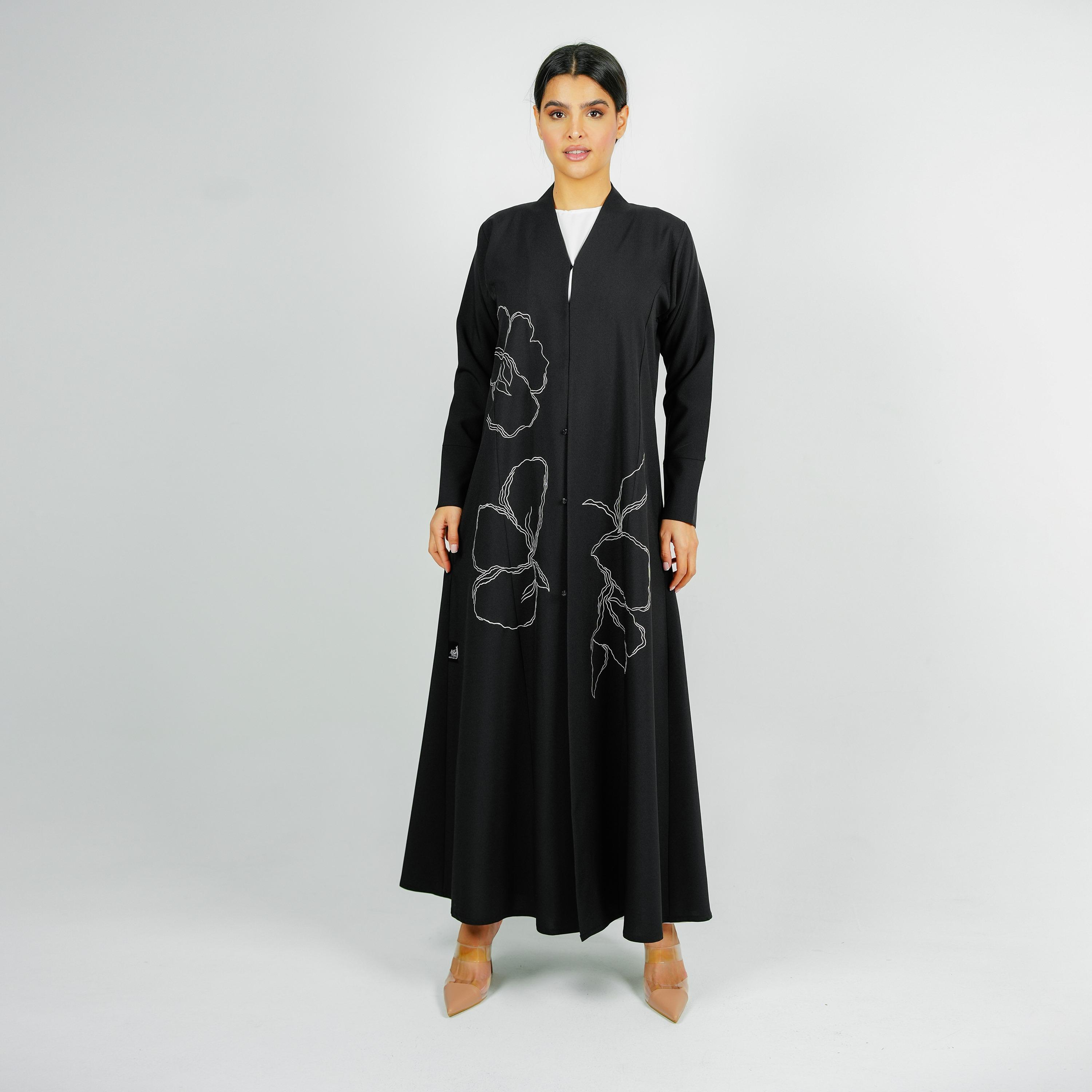 Rosette Abaya Black Floral Embroidered Bridal Satin Abaya with Hijab-women-arabicclothing-abayas-image-6