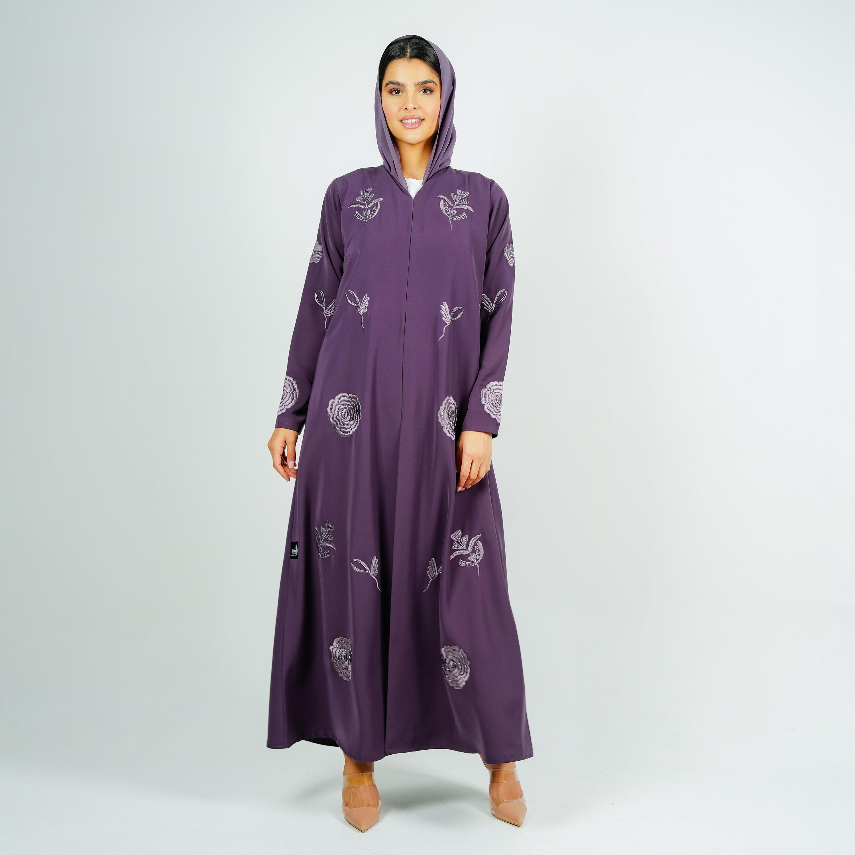 عباية سهرة كريب باربي مطرزة بزهور أرجوانية مع حجاب من روزيت عباية-women-arabicclothing-abayas-image-1