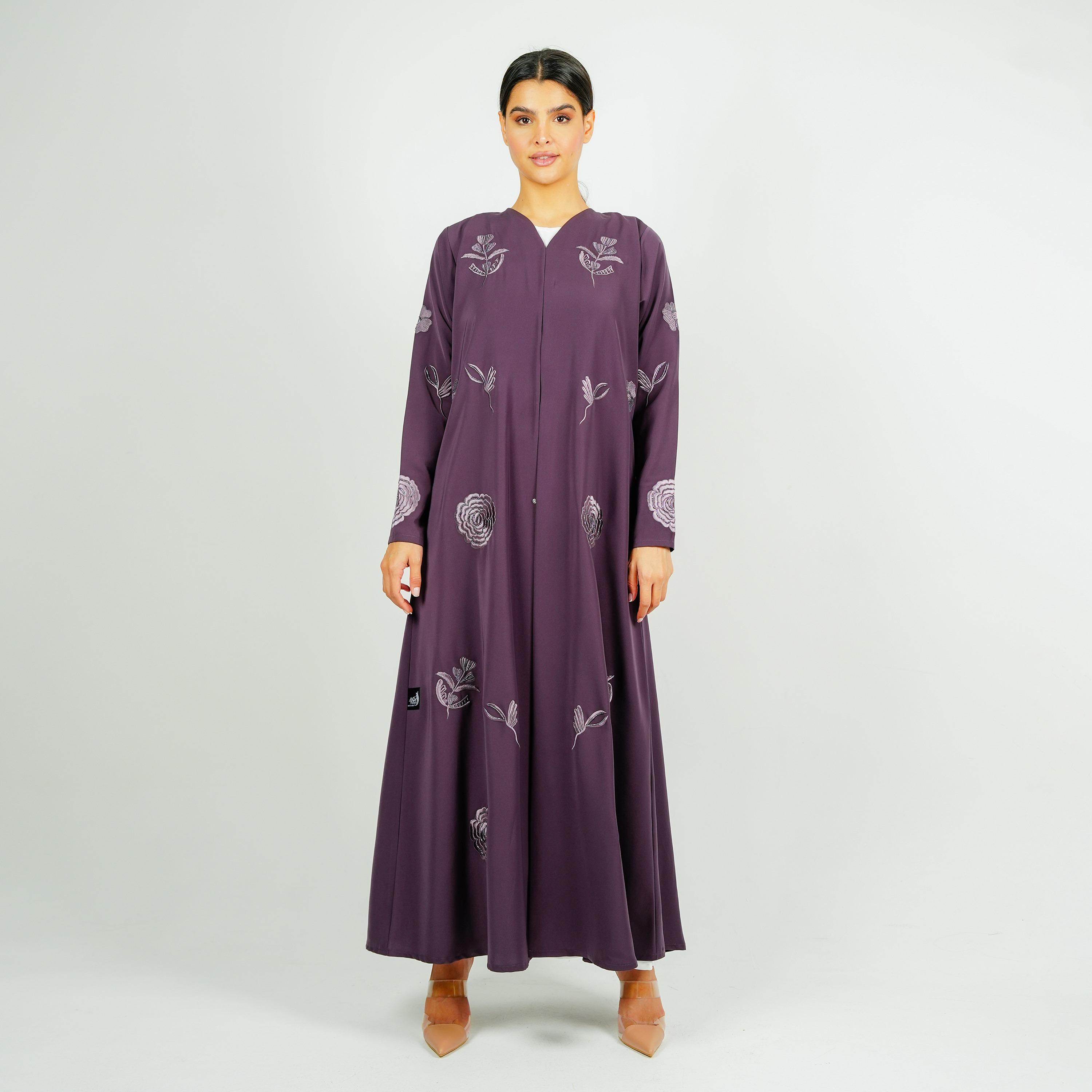 عباية سهرة كريب باربي مطرزة بزهور أرجوانية مع حجاب من روزيت عباية-women-arabicclothing-abayas-image-3
