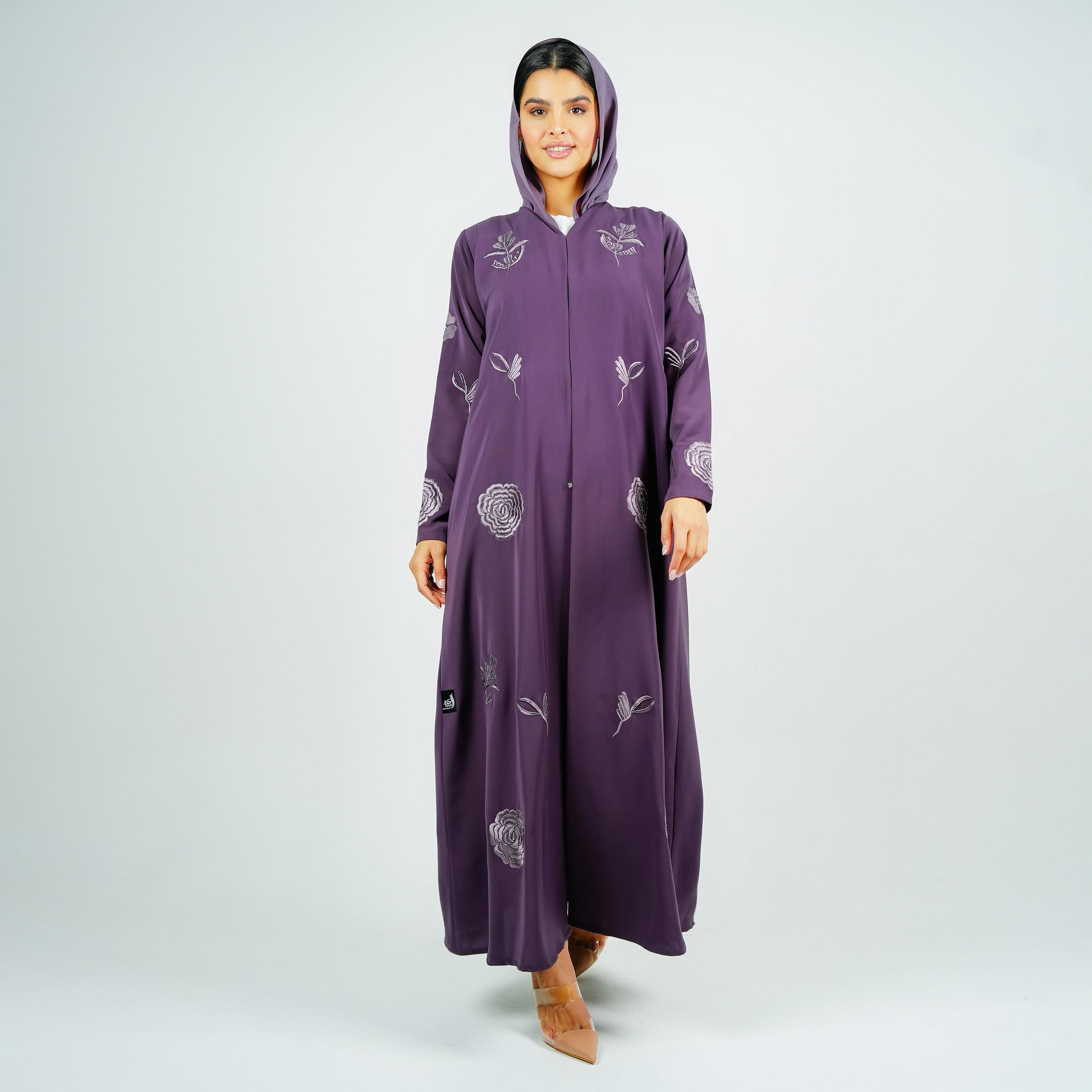 عباية سهرة كريب باربي مطرزة بزهور أرجوانية مع حجاب من روزيت عباية-women-arabicclothing-abayas-image-4
