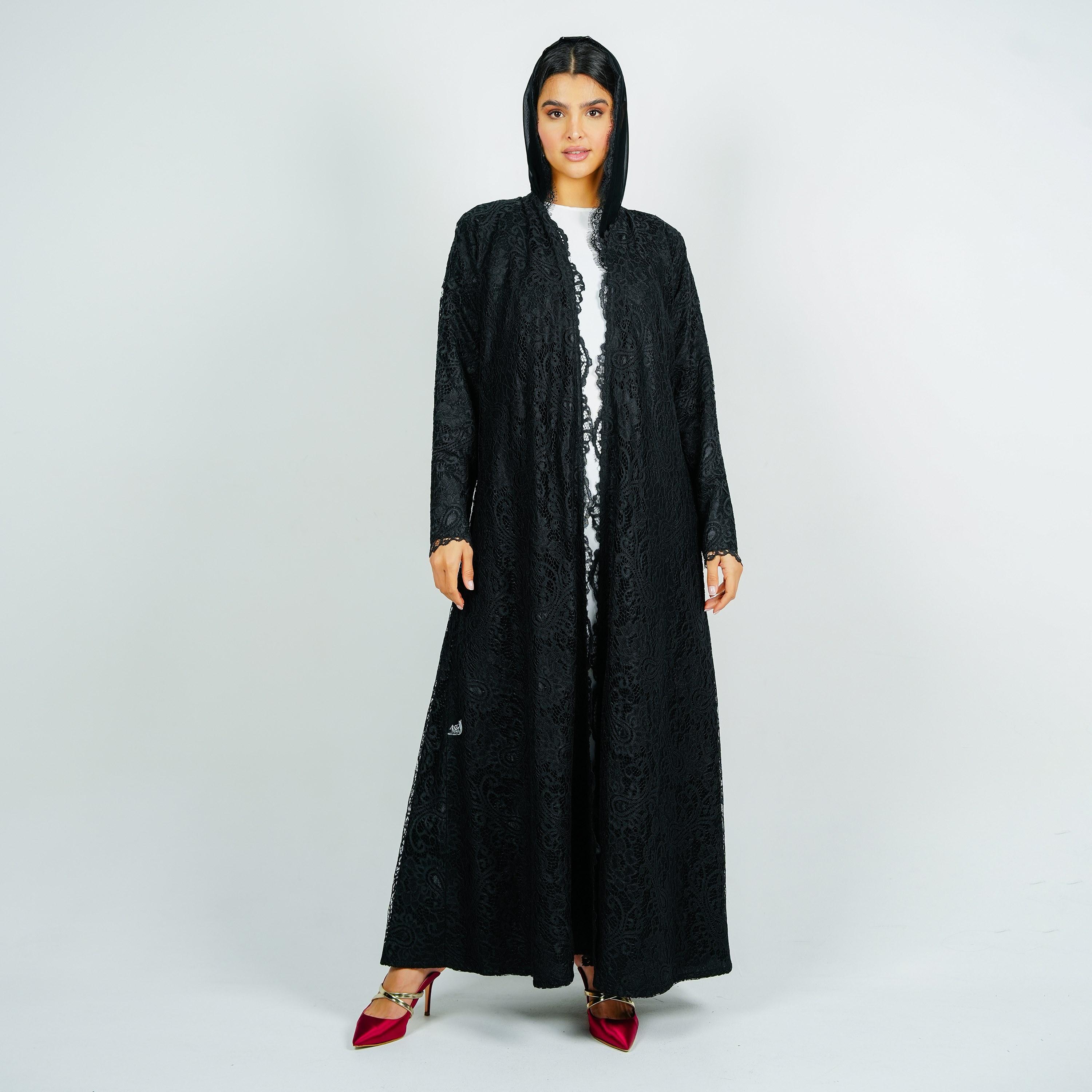 عباية سهرة دانتيل بنقشة بيزلي كاملة سوداء مع حجاب من روزيت عباية-women-arabicclothing-abayas-image-1
