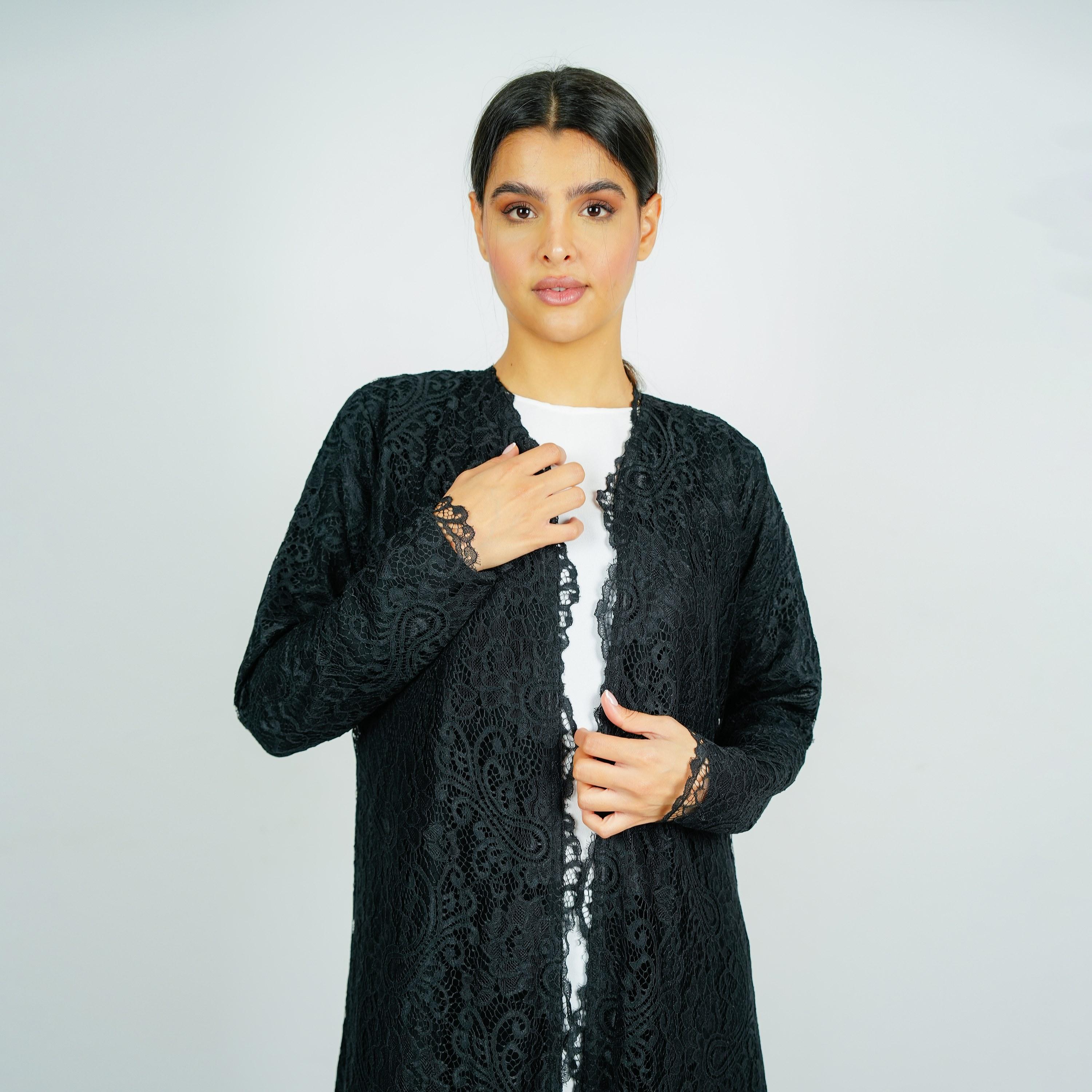 عباية سهرة دانتيل بنقشة بيزلي كاملة سوداء مع حجاب من روزيت عباية-women-arabicclothing-abayas-image-2