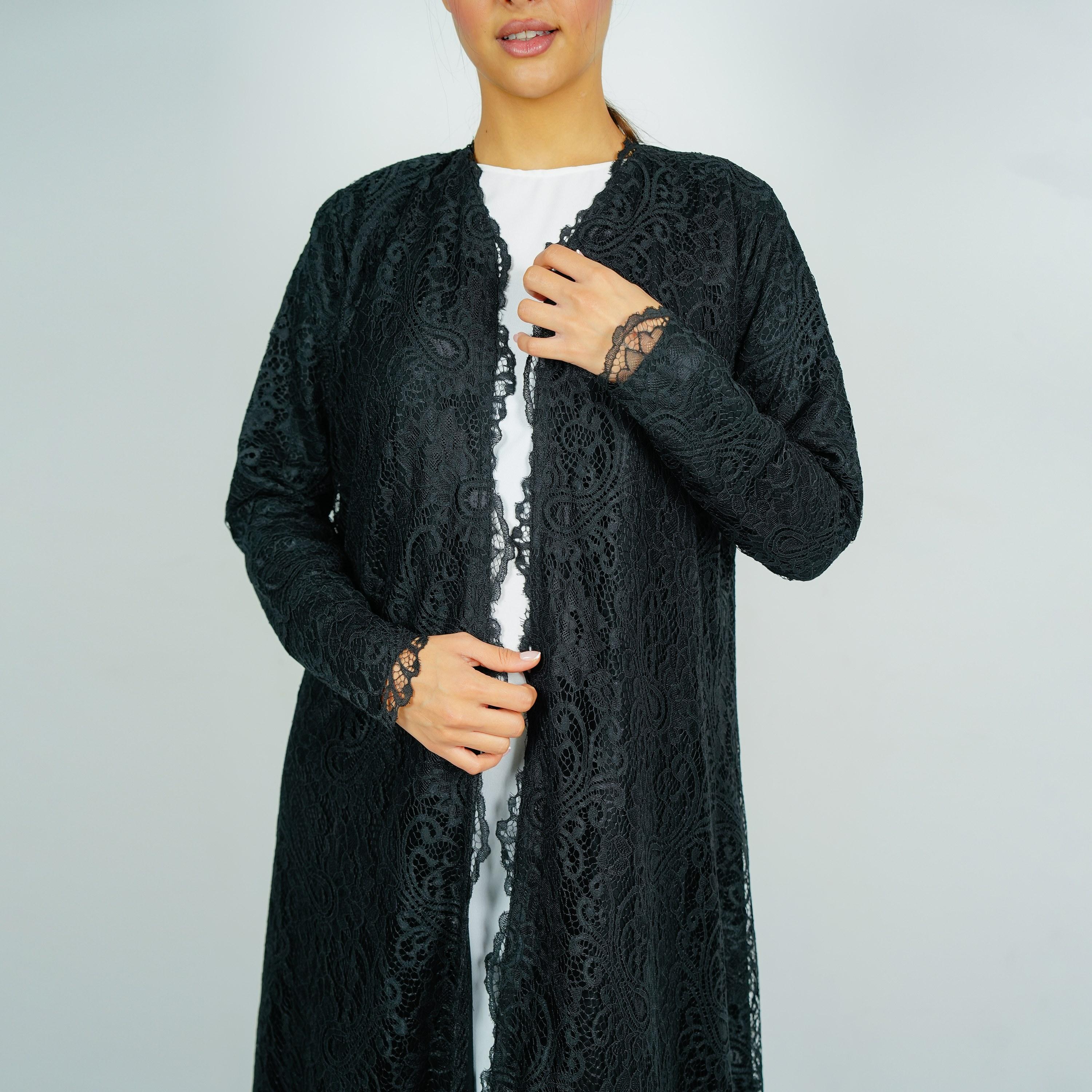 عباية سهرة دانتيل بنقشة بيزلي كاملة سوداء مع حجاب من روزيت عباية-women-arabicclothing-abayas-image-3