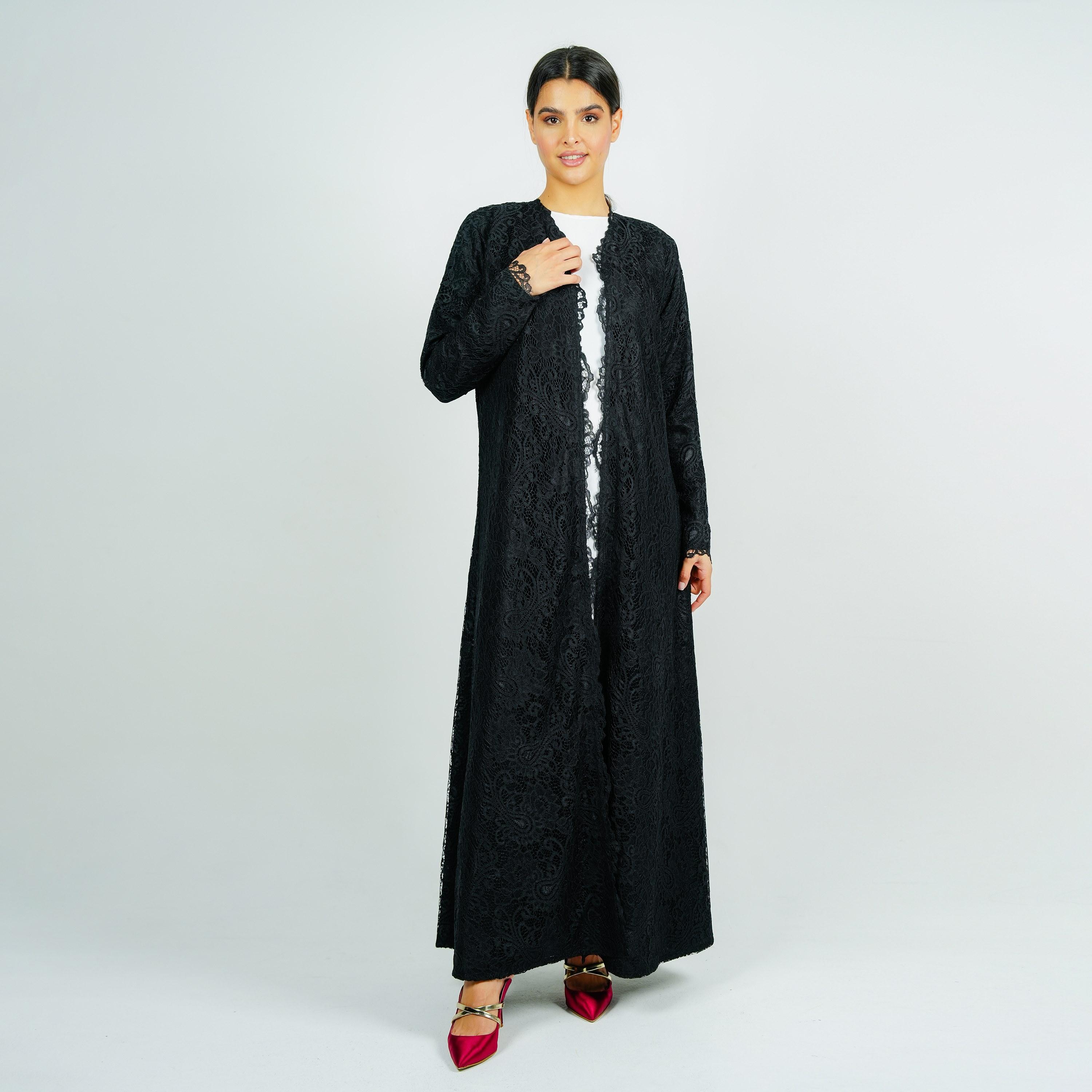 عباية سهرة دانتيل بنقشة بيزلي كاملة سوداء مع حجاب من روزيت عباية-women-arabicclothing-abayas-image-4