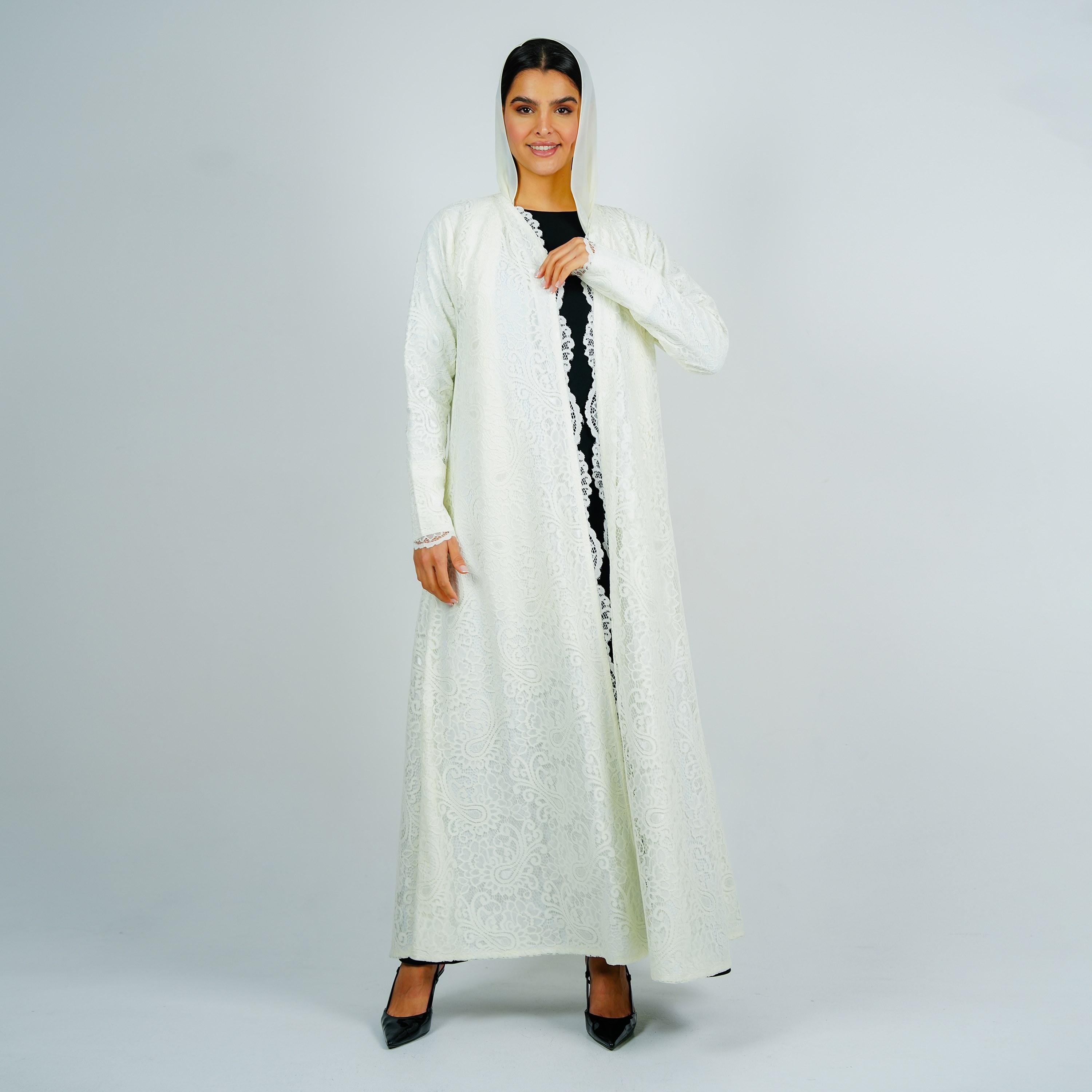 Rosette Abaya White All-Over Paisley Lace Dantel Evening Abaya with Hijab-women-arabicclothing-abayas-image-1