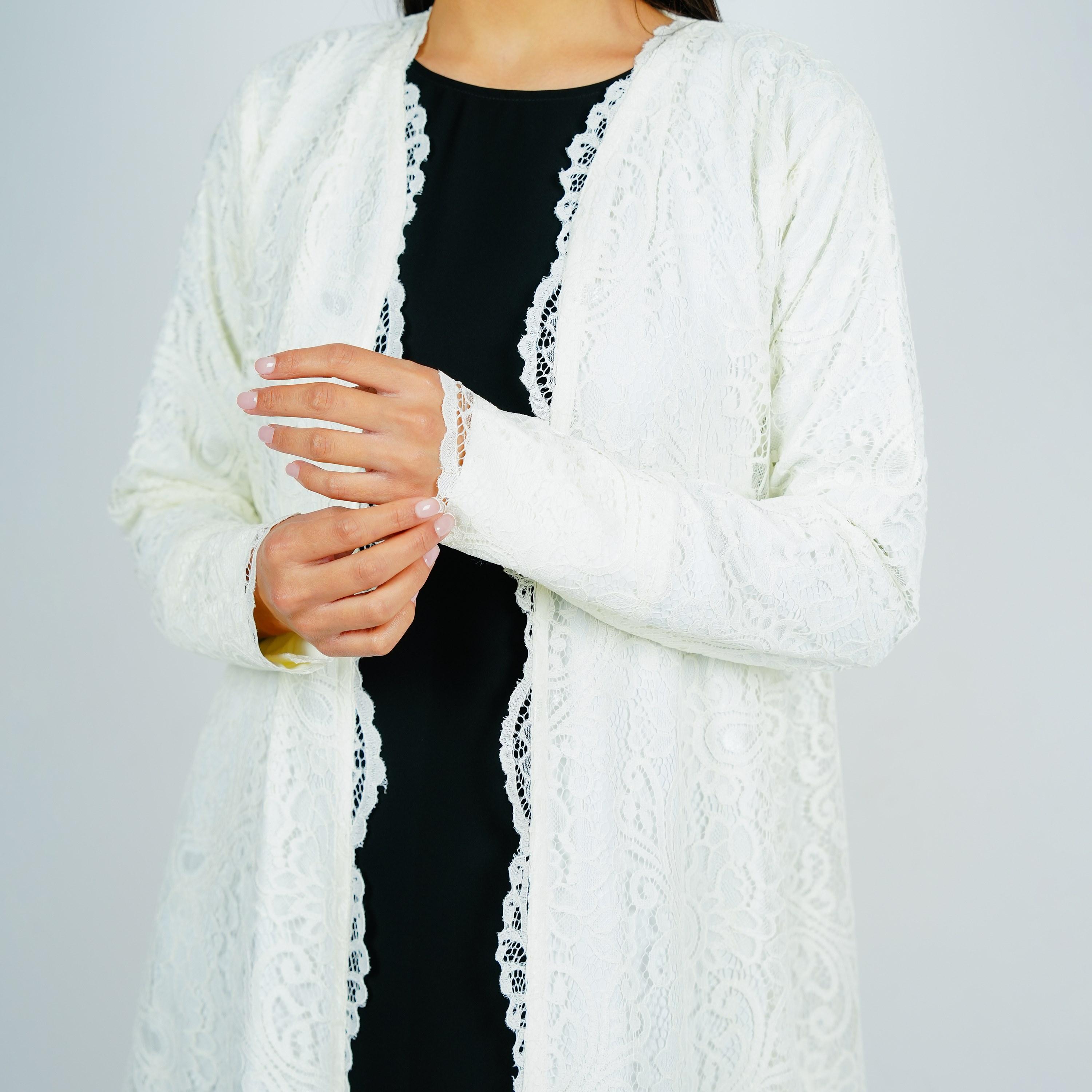 Rosette Abaya White All-Over Paisley Lace Dantel Evening Abaya with Hijab-women-arabicclothing-abayas-image-2
