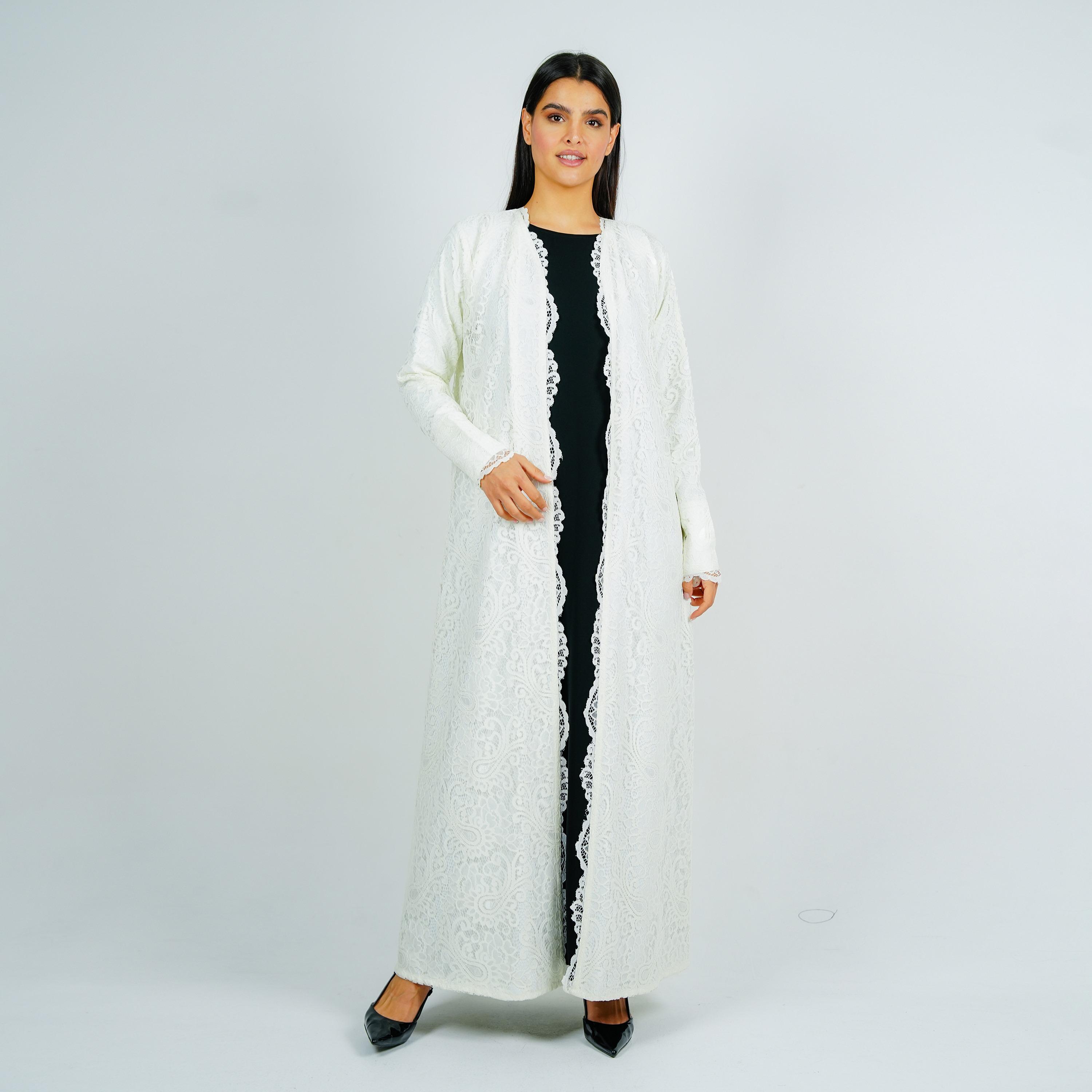 Rosette Abaya White All-Over Paisley Lace Dantel Evening Abaya with Hijab-women-arabicclothing-abayas-image-3