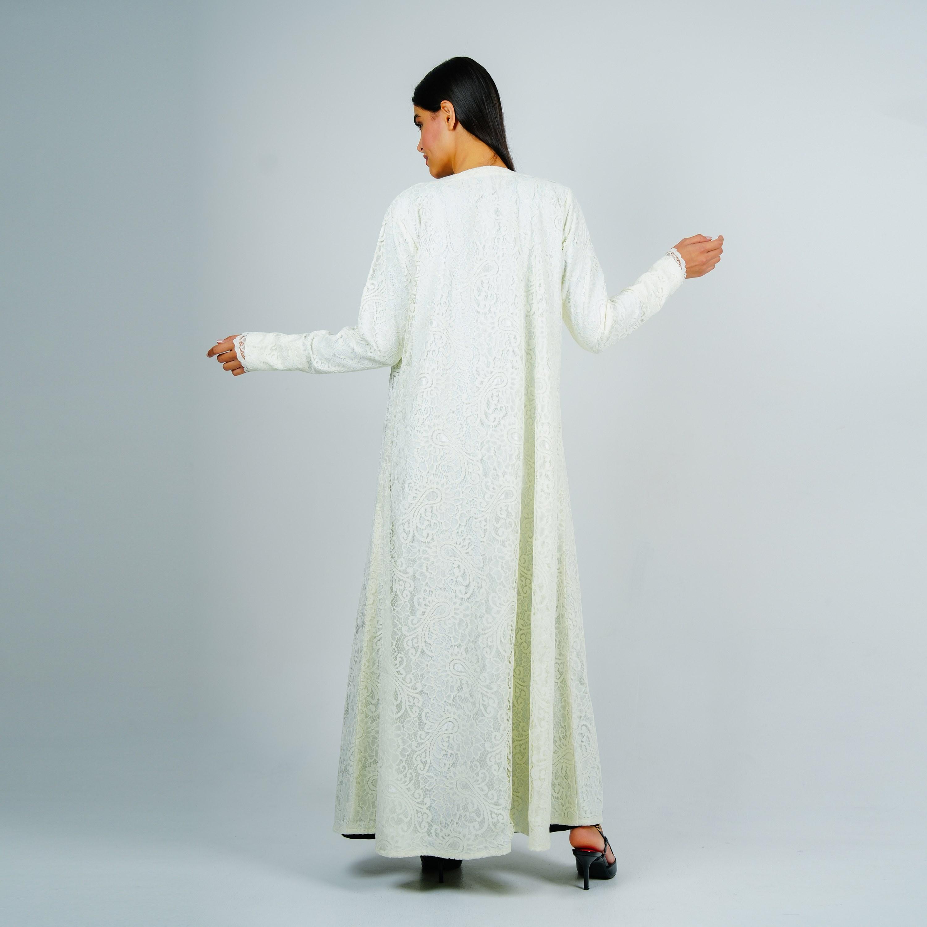 Rosette Abaya White All-Over Paisley Lace Dantel Evening Abaya with Hijab-women-arabicclothing-abayas-image-4