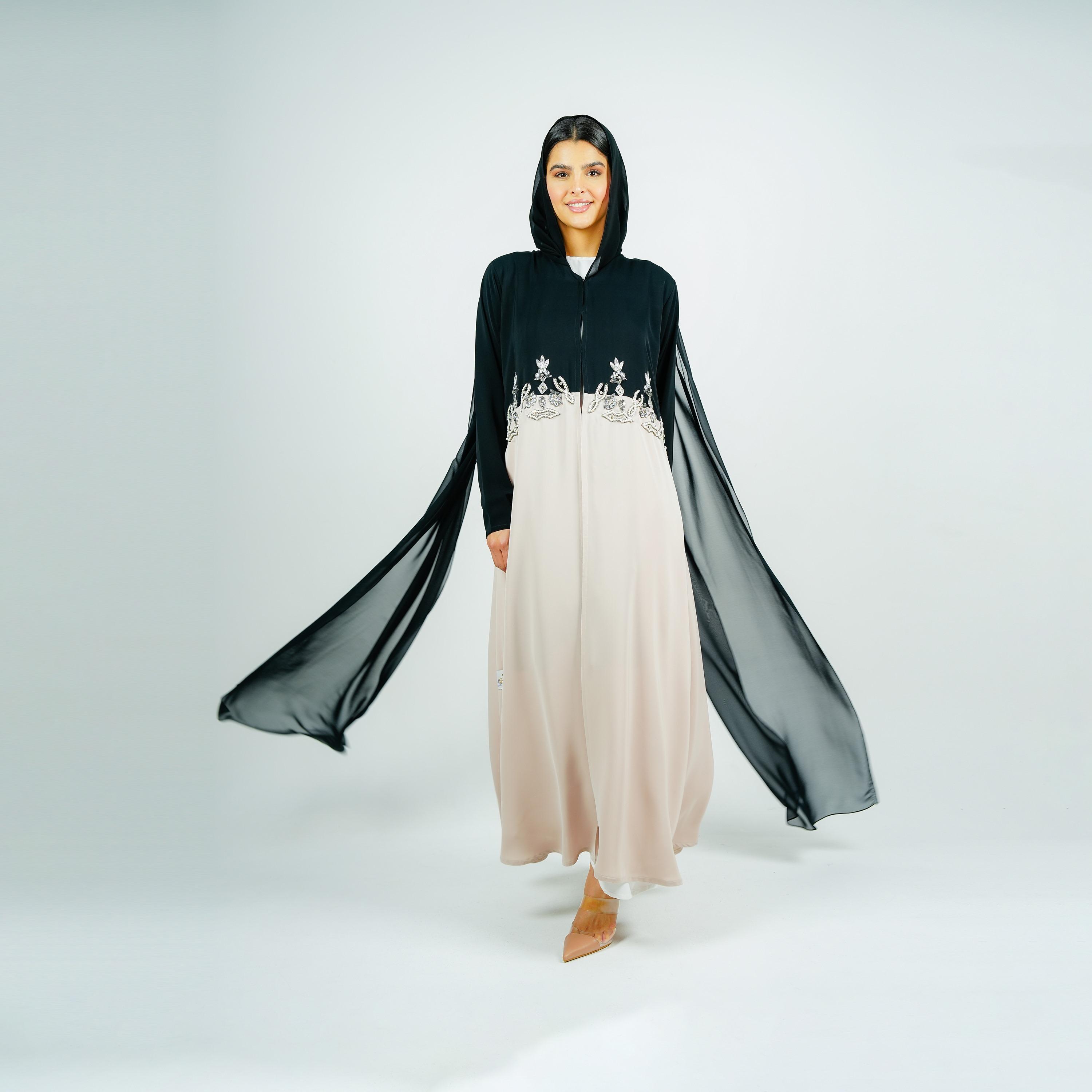Rosette Abaya Multicolour Dual Tone Beaded Nada Abaya with Hijab-women-arabicclothing-abayas-image-1