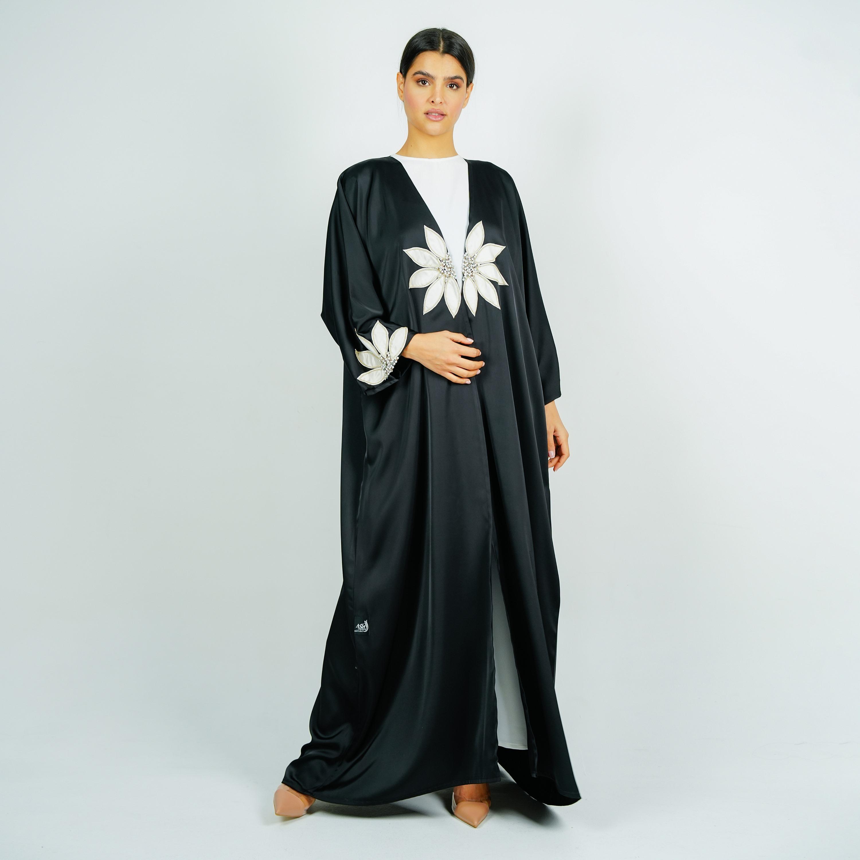 Rosette Abaya Embroidered Applique Flower Wide Sleeves Satin Abaya-women-arabicclothing-abayas-image-1