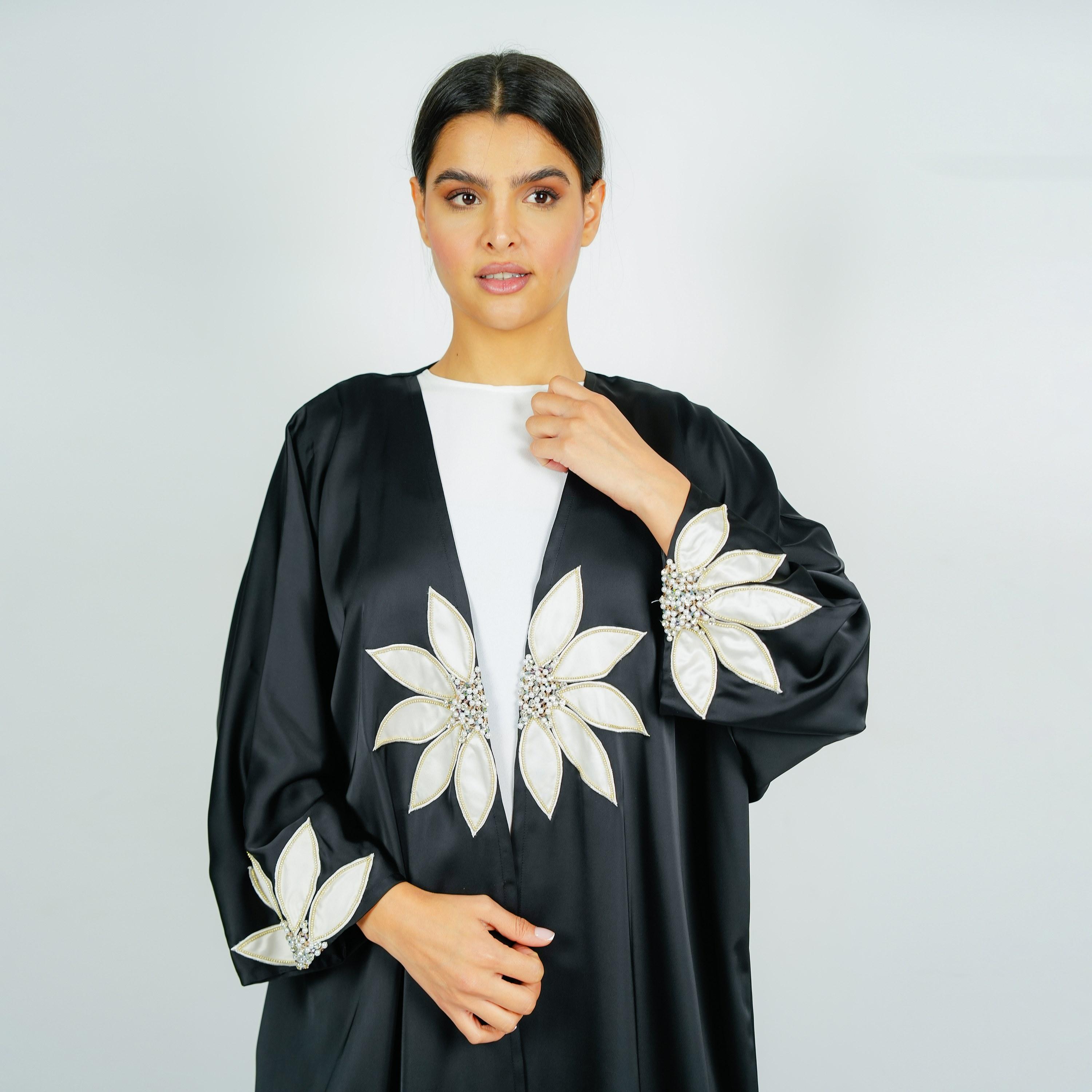 Rosette Abaya Embroidered Applique Flower Wide Sleeves Satin Abaya-women-arabicclothing-abayas-image-2