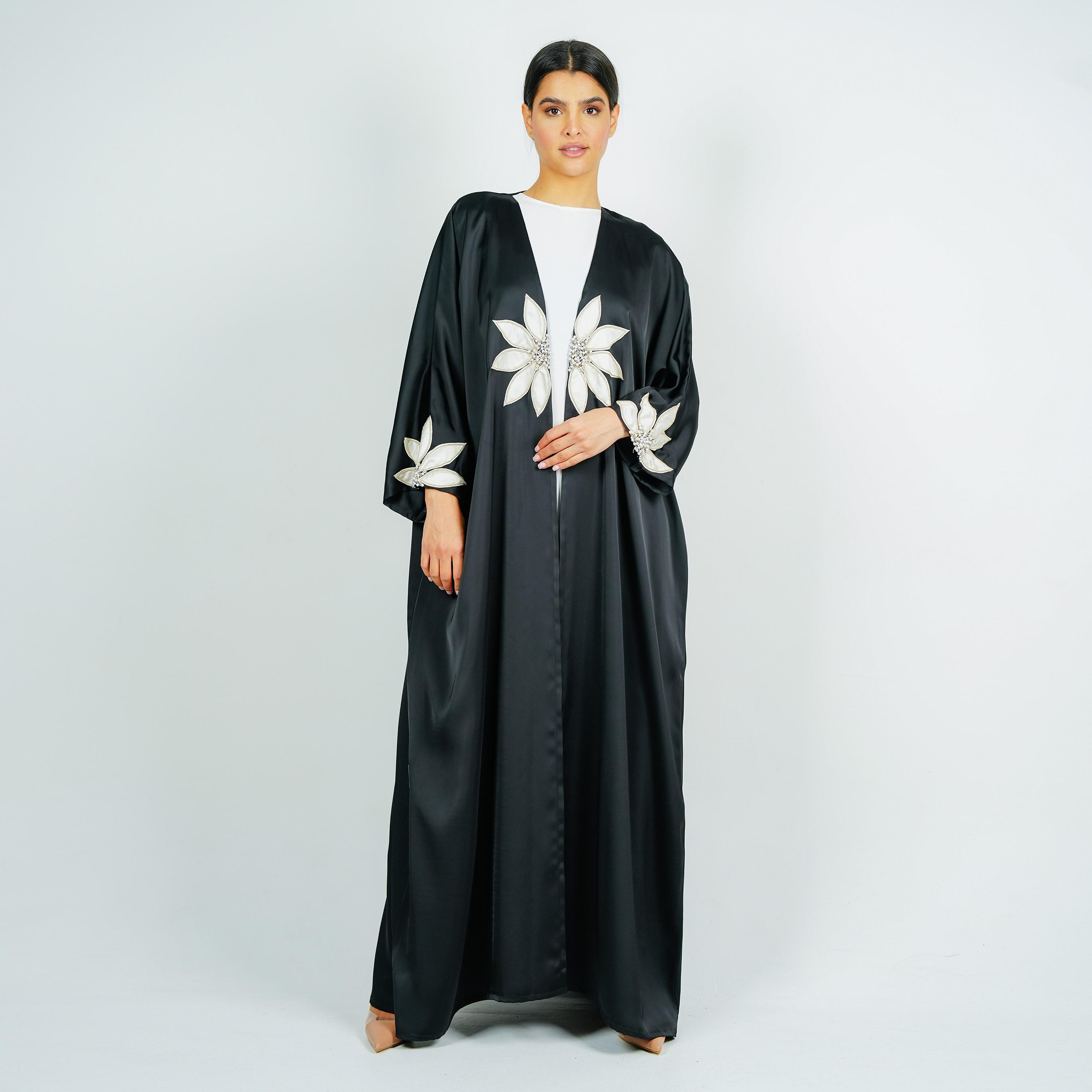 Rosette Abaya Embroidered Applique Flower Wide Sleeves Satin Abaya-women-arabicclothing-abayas-image-3
