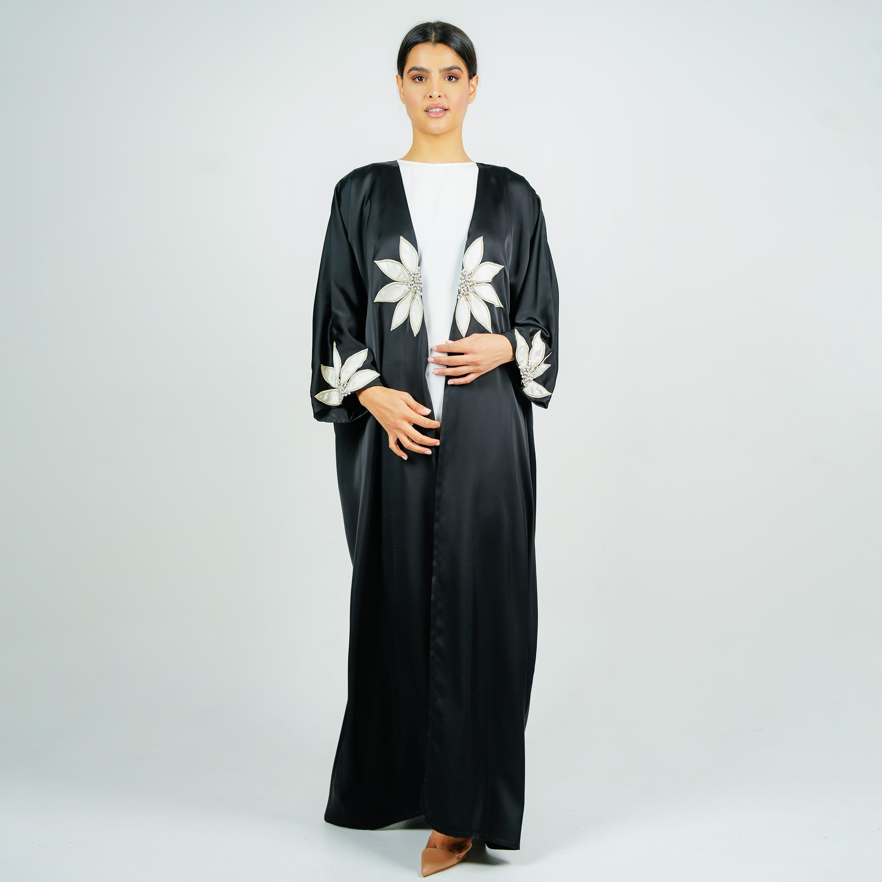 Rosette Abaya Embroidered Applique Flower Wide Sleeves Satin Abaya-women-arabicclothing-abayas-image-4