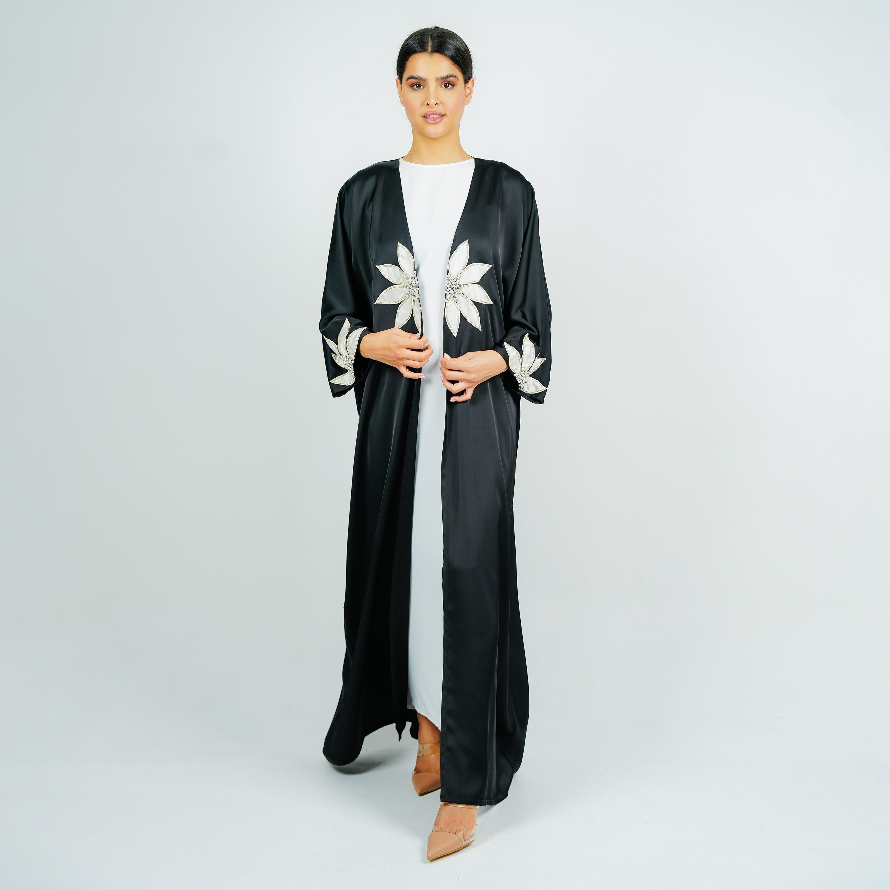 Rosette Abaya Embroidered Applique Flower Wide Sleeves Satin Abaya-women-arabicclothing-abayas-image-5