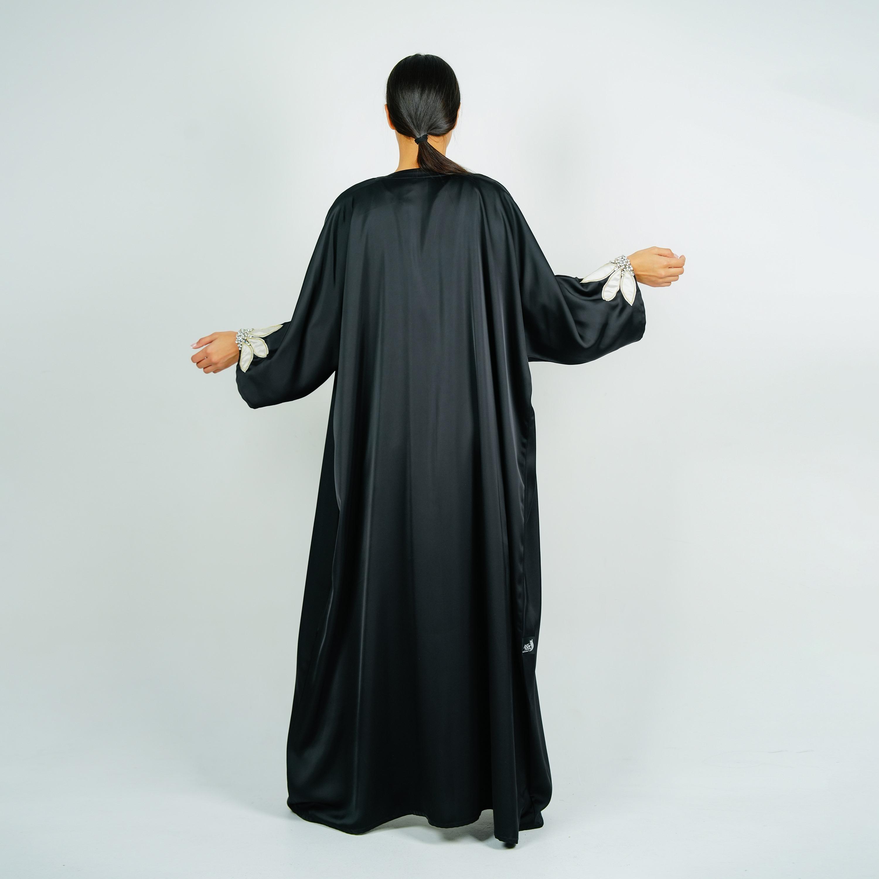 Rosette Abaya Embroidered Applique Flower Wide Sleeves Satin Abaya-women-arabicclothing-abayas-image-6