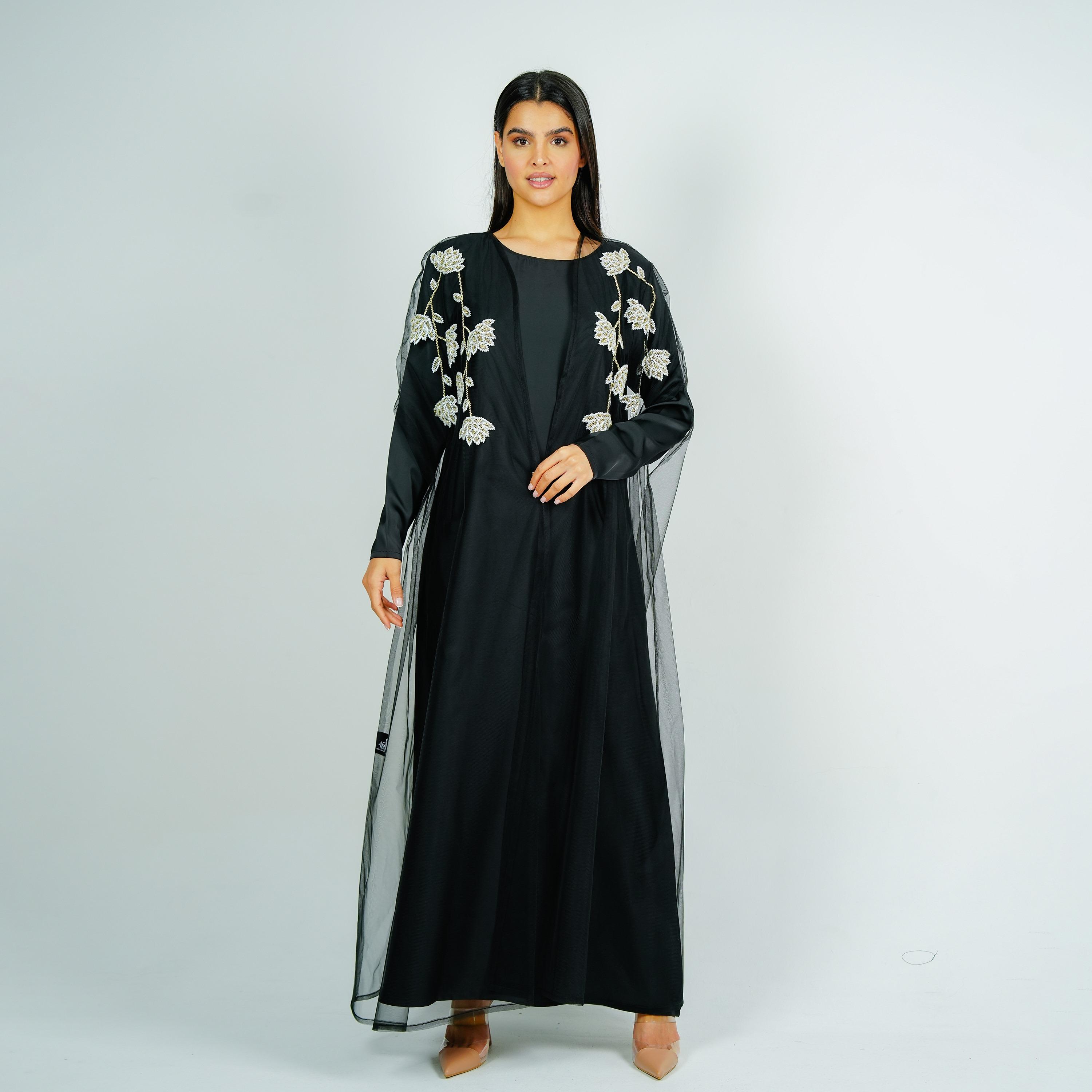 عباية سهرة ساتان مطرزة بالزهور والخرز مع جاكيت شفاف من روزيت عباية-women-arabicclothing-abayas-image-1
