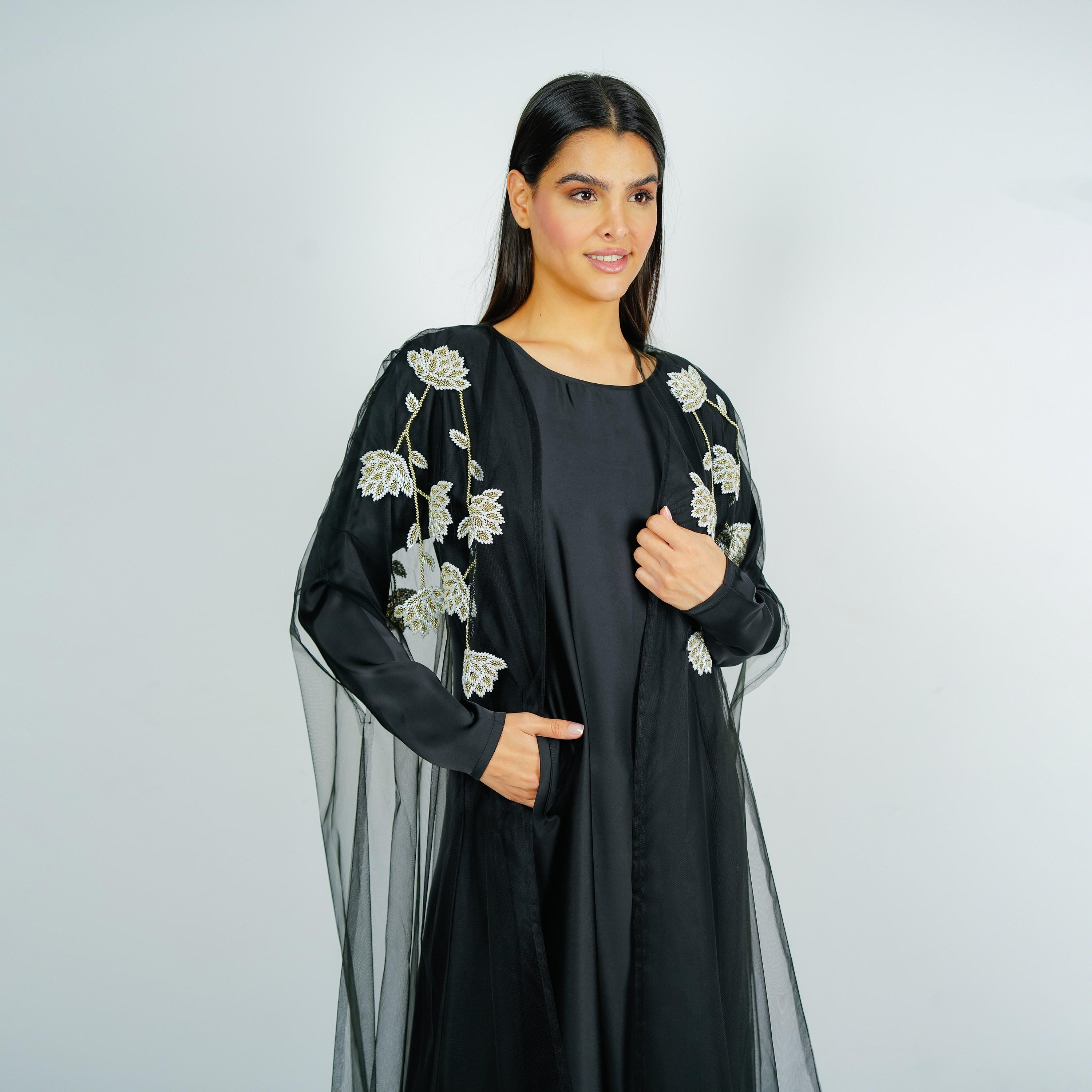 عباية سهرة ساتان مطرزة بالزهور والخرز مع جاكيت شفاف من روزيت عباية-women-arabicclothing-abayas-image-2