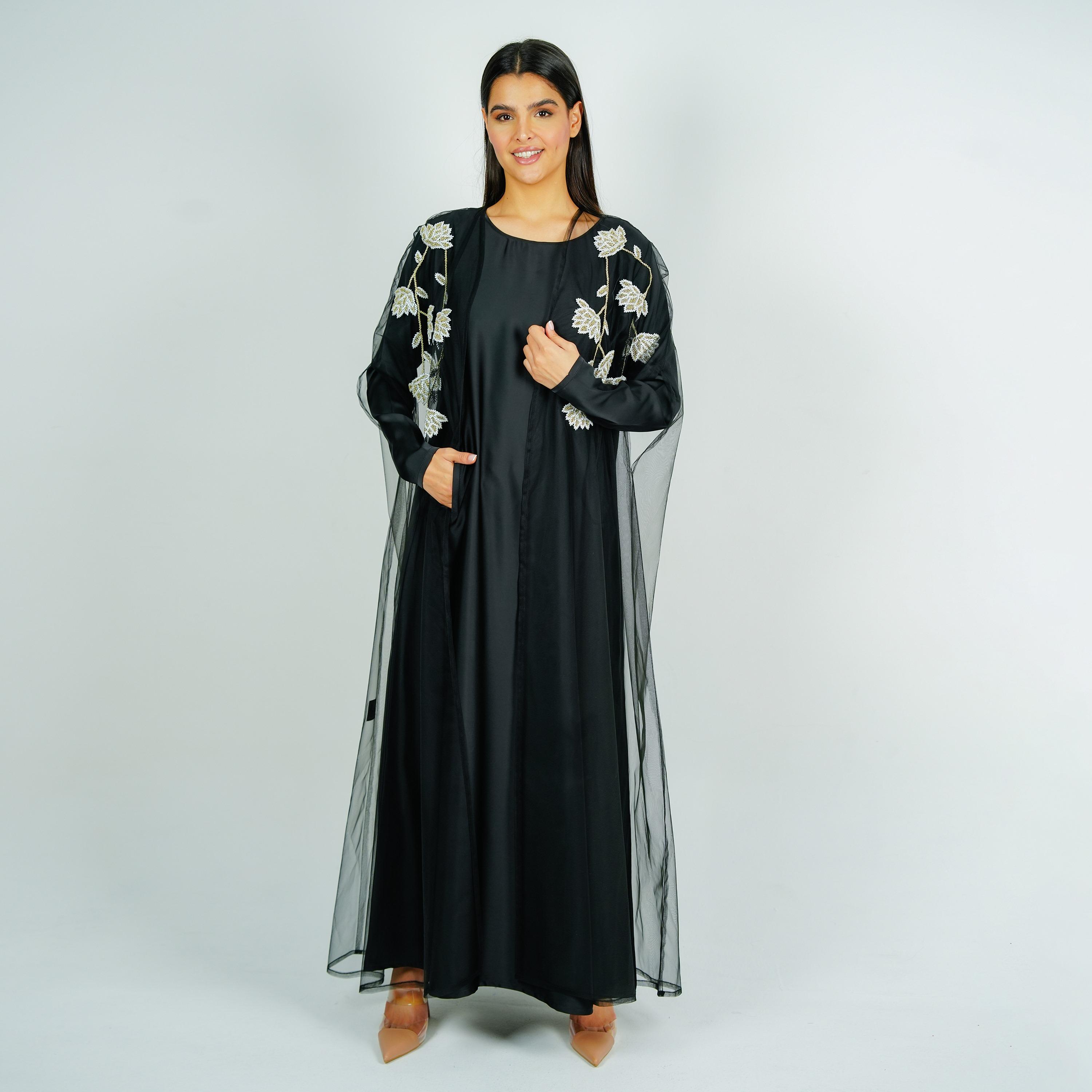عباية سهرة ساتان مطرزة بالزهور والخرز مع جاكيت شفاف من روزيت عباية-women-arabicclothing-abayas-image-3