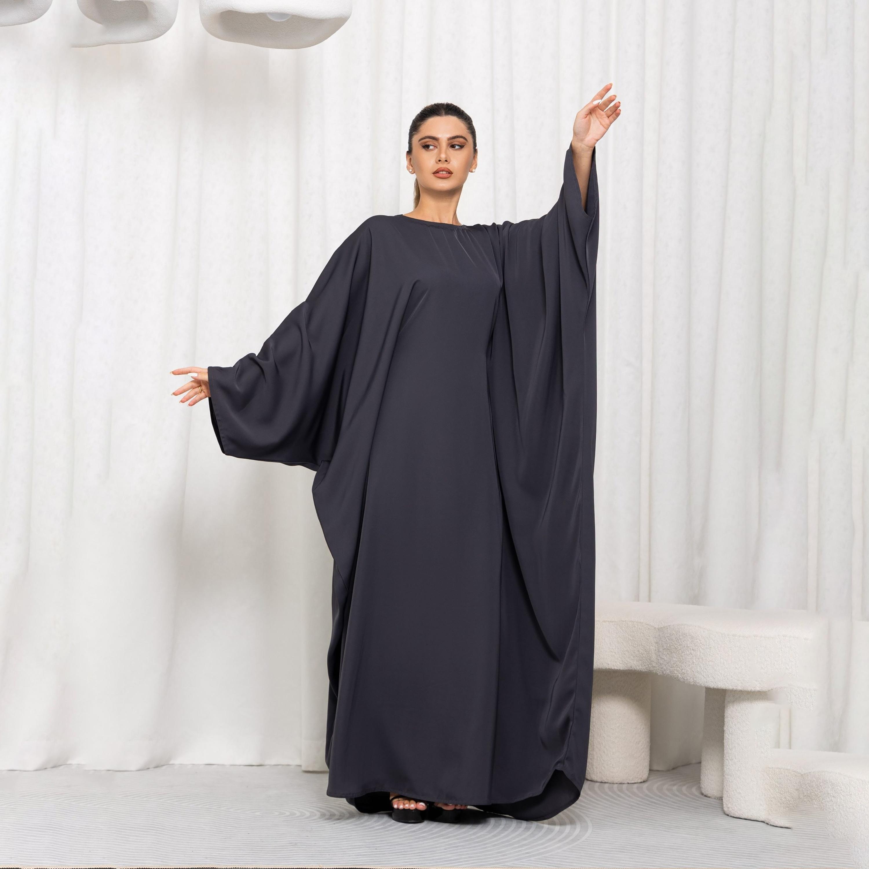 Nikias Dark Grey Batwing Sleeves Women's Abaya-women-arabicclothing-abayas-image-1