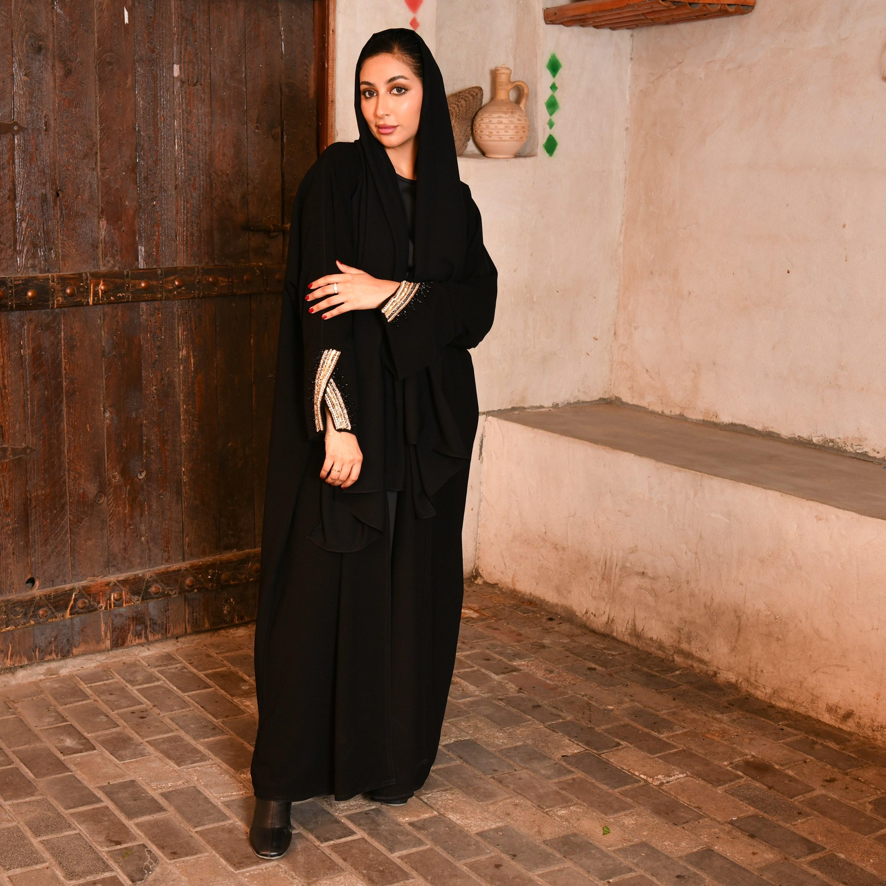 Hawraa Plain Pearl & Sequins Detailed Sleeves Bisht Abaya with Hijab-women-arabicclothing-abayas-image-1