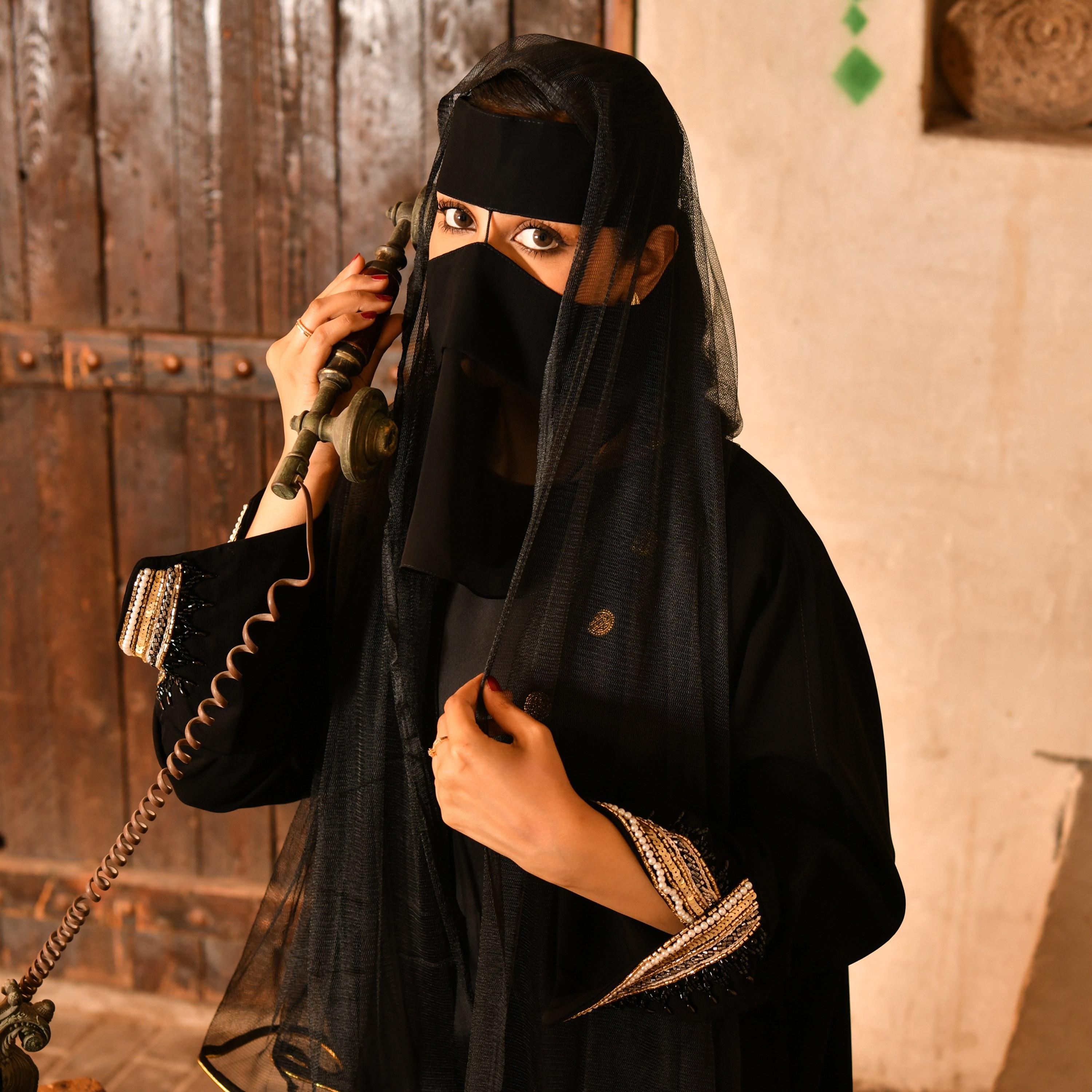 Hawraa Plain Pearl & Sequins Detailed Sleeves Bisht Abaya with Hijab-women-arabicclothing-abayas-image-2
