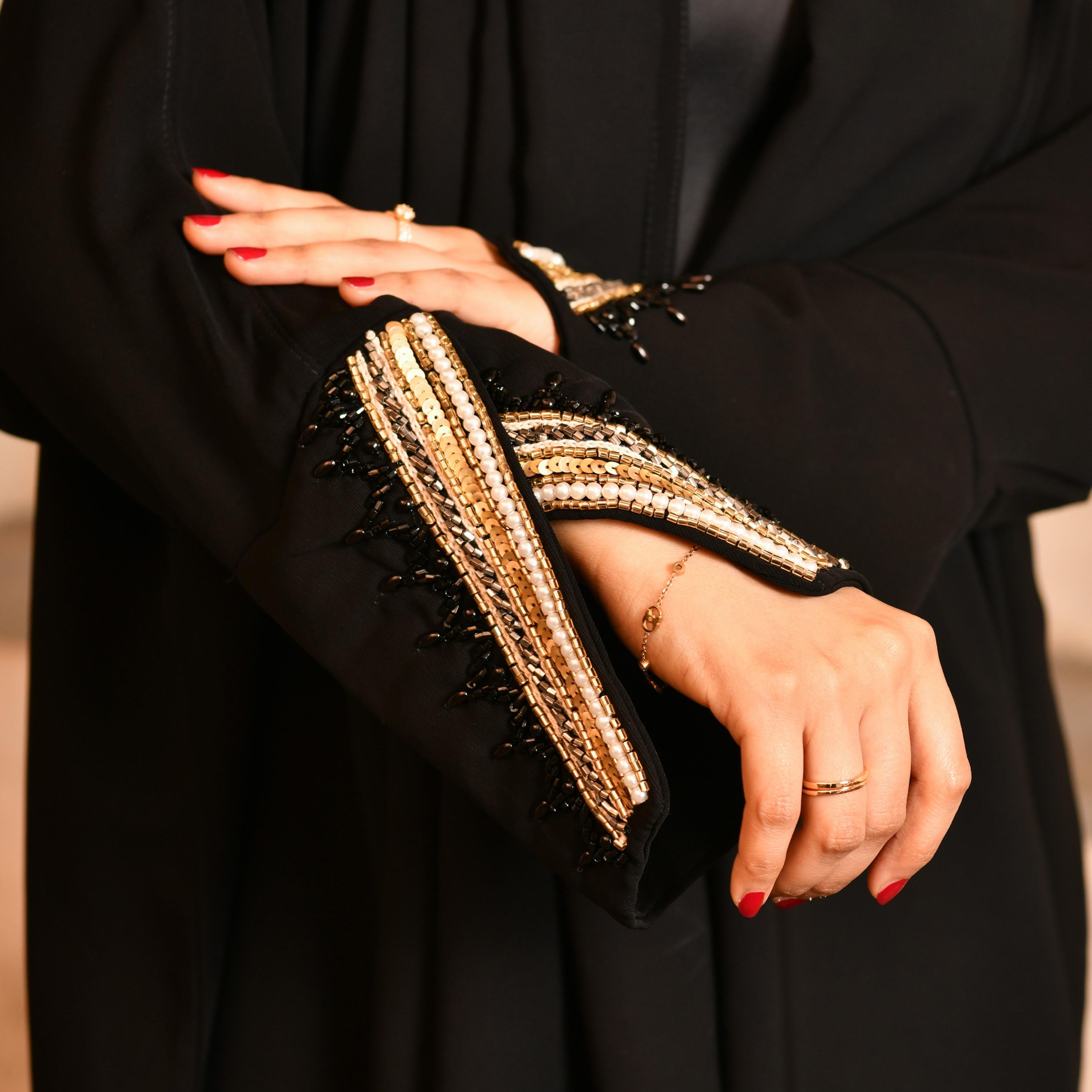 Hawraa Plain Pearl & Sequins Detailed Sleeves Bisht Abaya with Hijab-women-arabicclothing-abayas-image-4