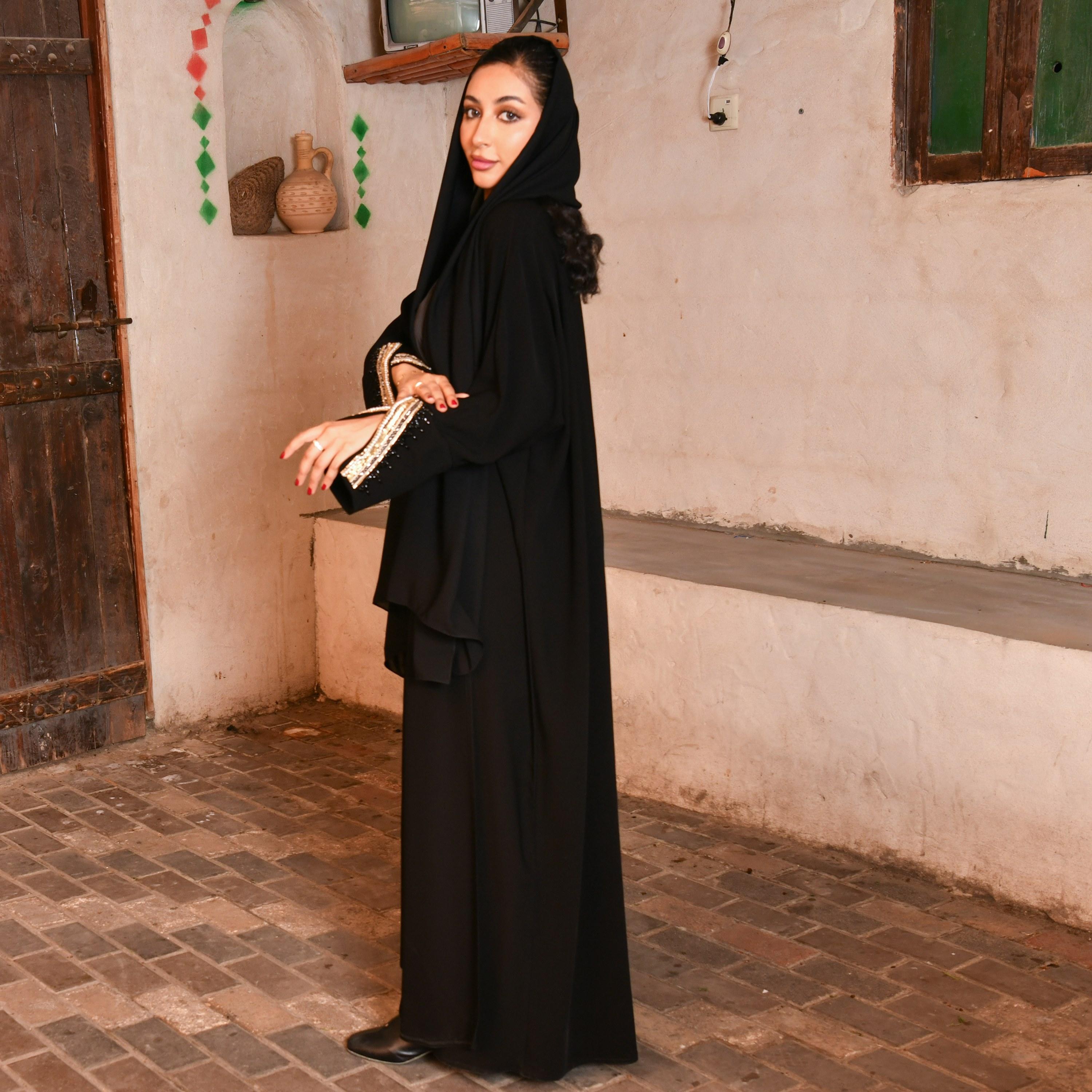Hawraa Plain Pearl & Sequins Detailed Sleeves Bisht Abaya with Hijab-women-arabicclothing-abayas-image-5