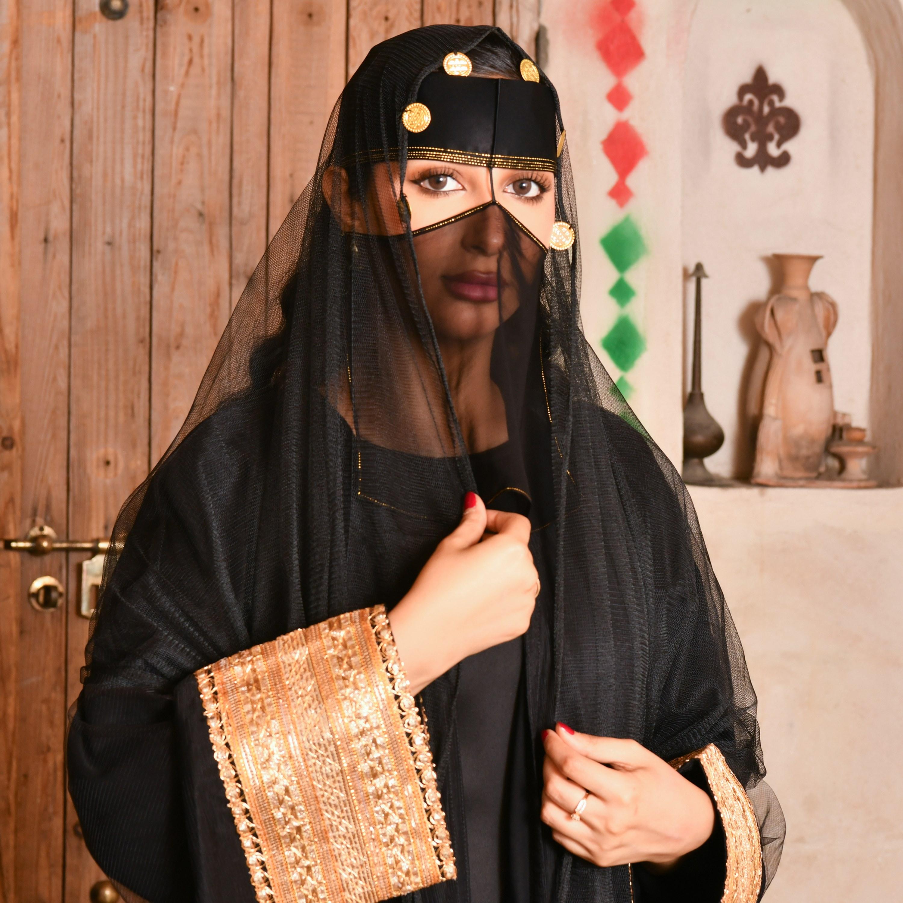 Hawraa Plain Gota Work Sleeves Abaya with Coin Embellished Niqab-women-arabicclothing-abayas-image-2