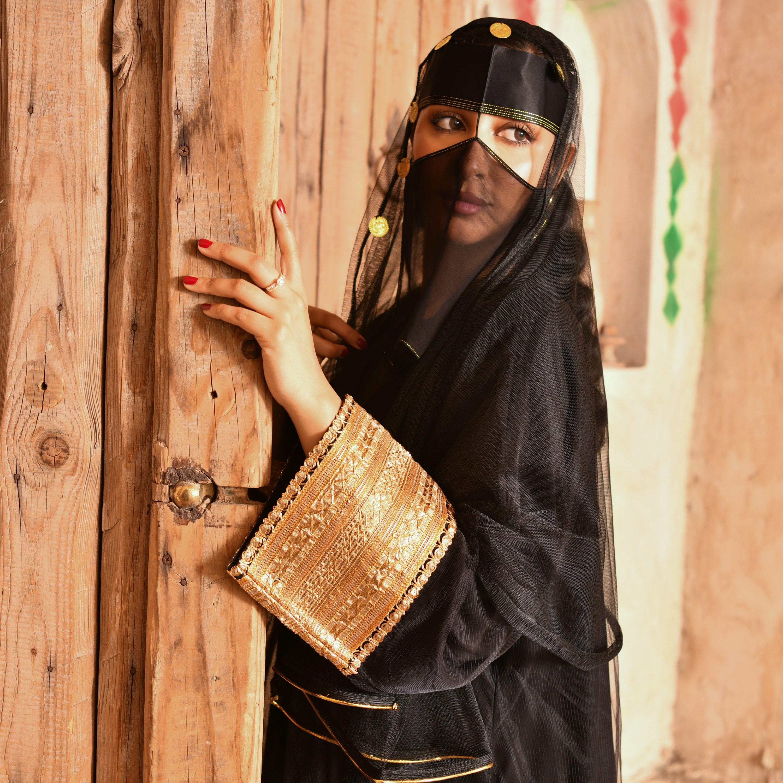 Hawraa Plain Gota Work Sleeves Abaya with Coin Embellished Niqab-women-arabicclothing-abayas-image-5