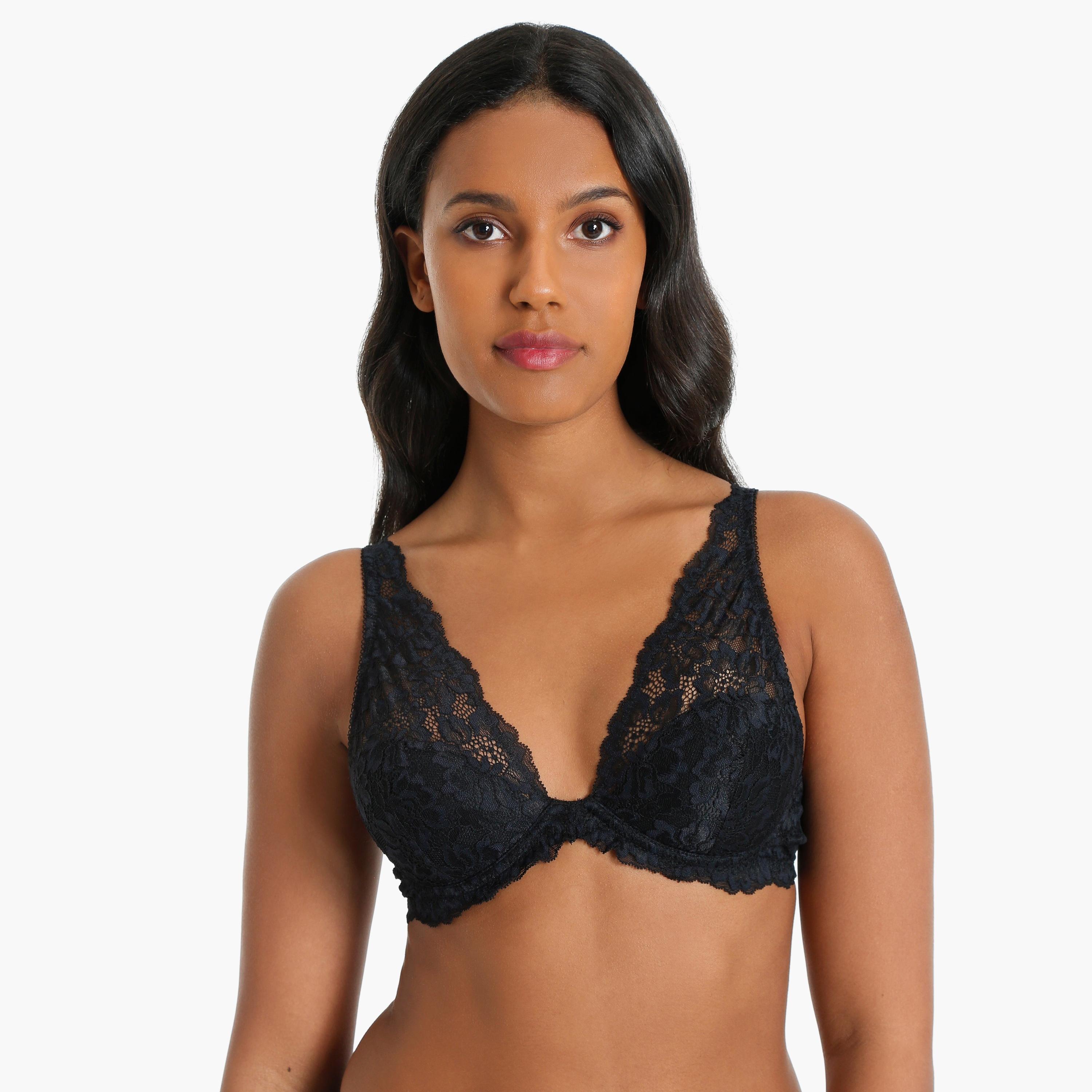 Isla & Evie Non-Padded Non-Wired Lightly Lined Black Women's Plunge Bra-women-clothing-lingerie-bras-image-1