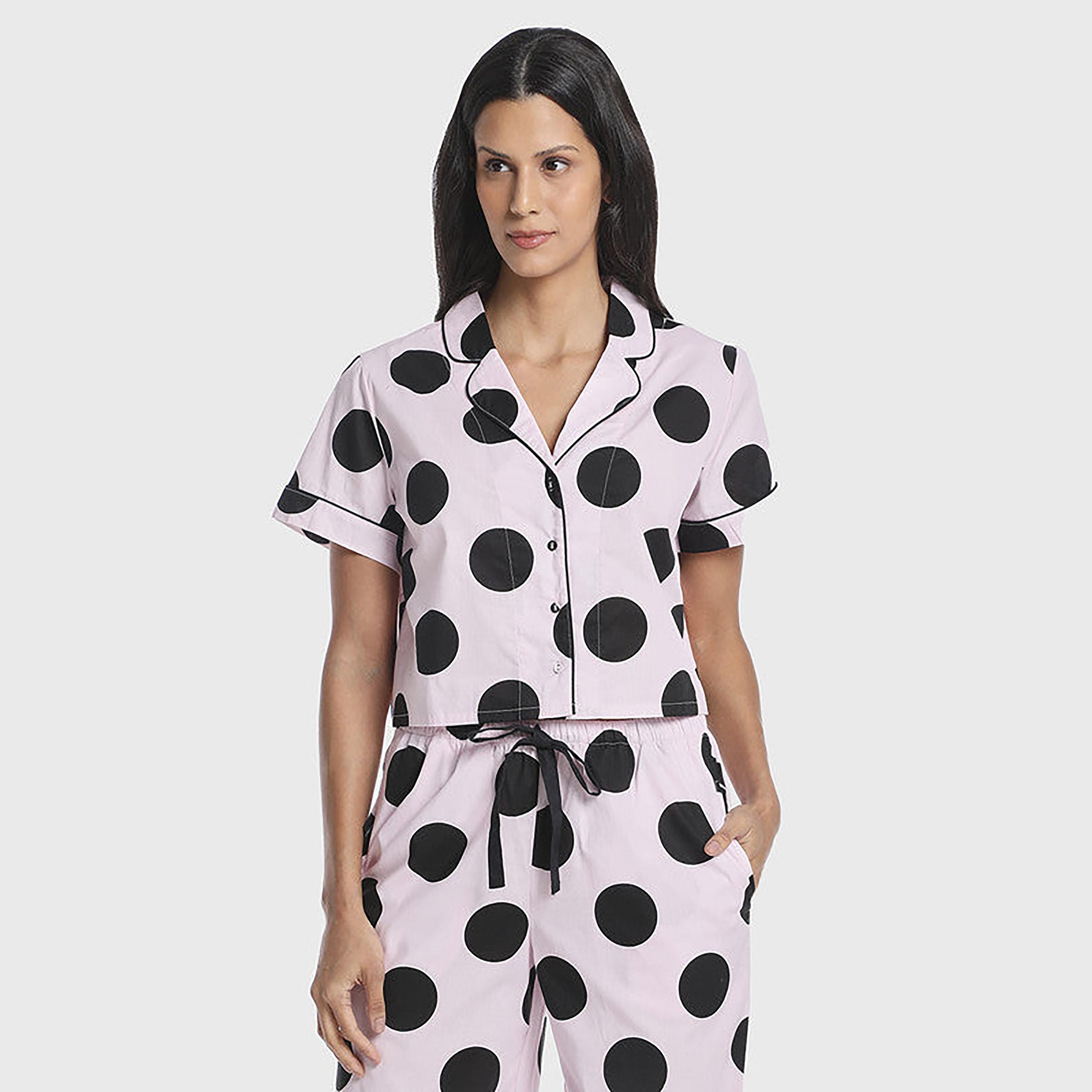 Isla & Evie Polka Dots Cuban Collar Short Sleeves Women's Crop Sleep Shirt-women-clothing-nightwear-pyjamas-tops-image-1