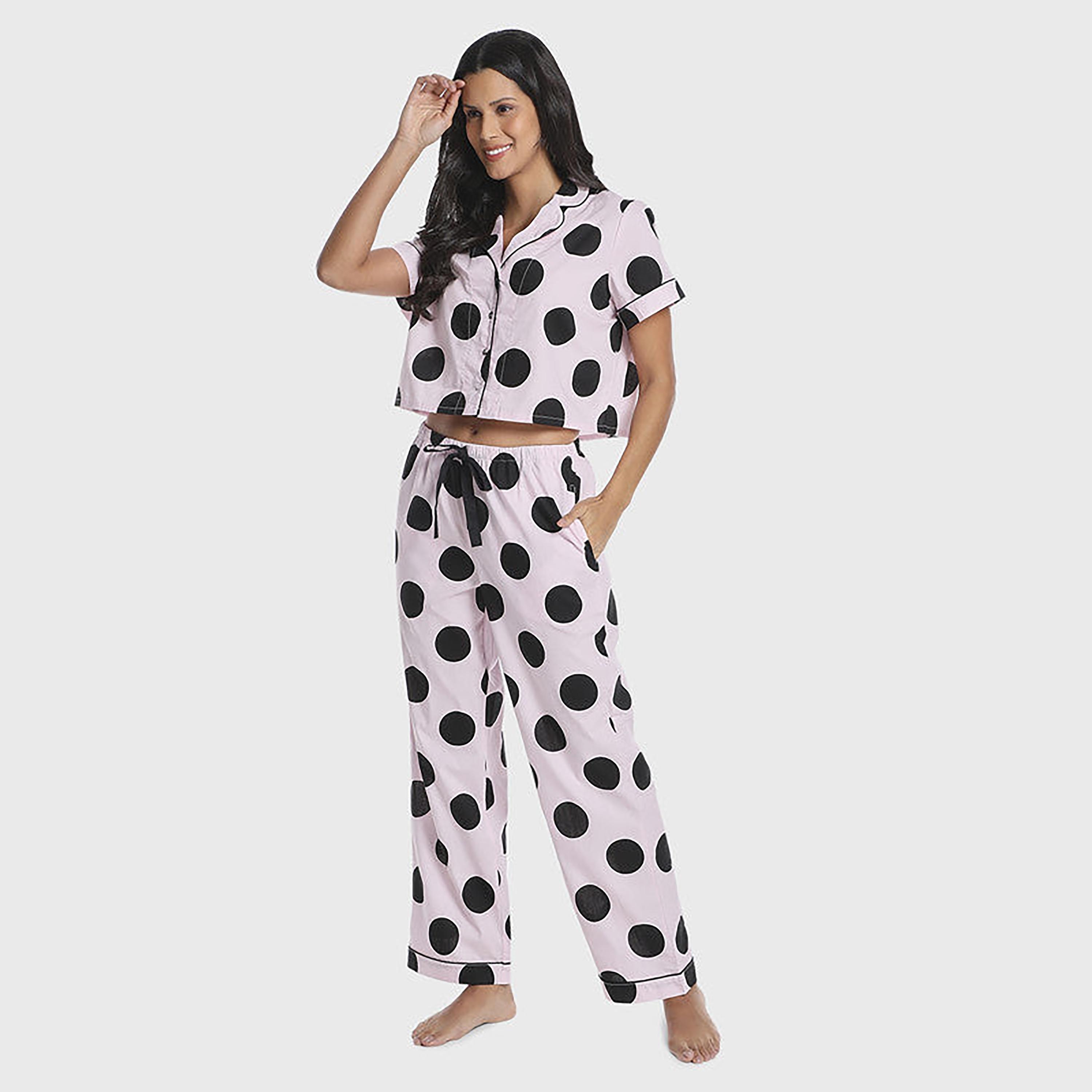 Isla & Evie Polka Dots Cuban Collar Short Sleeves Women's Crop Sleep Shirt-women-clothing-nightwear-pyjamas-tops-image-2