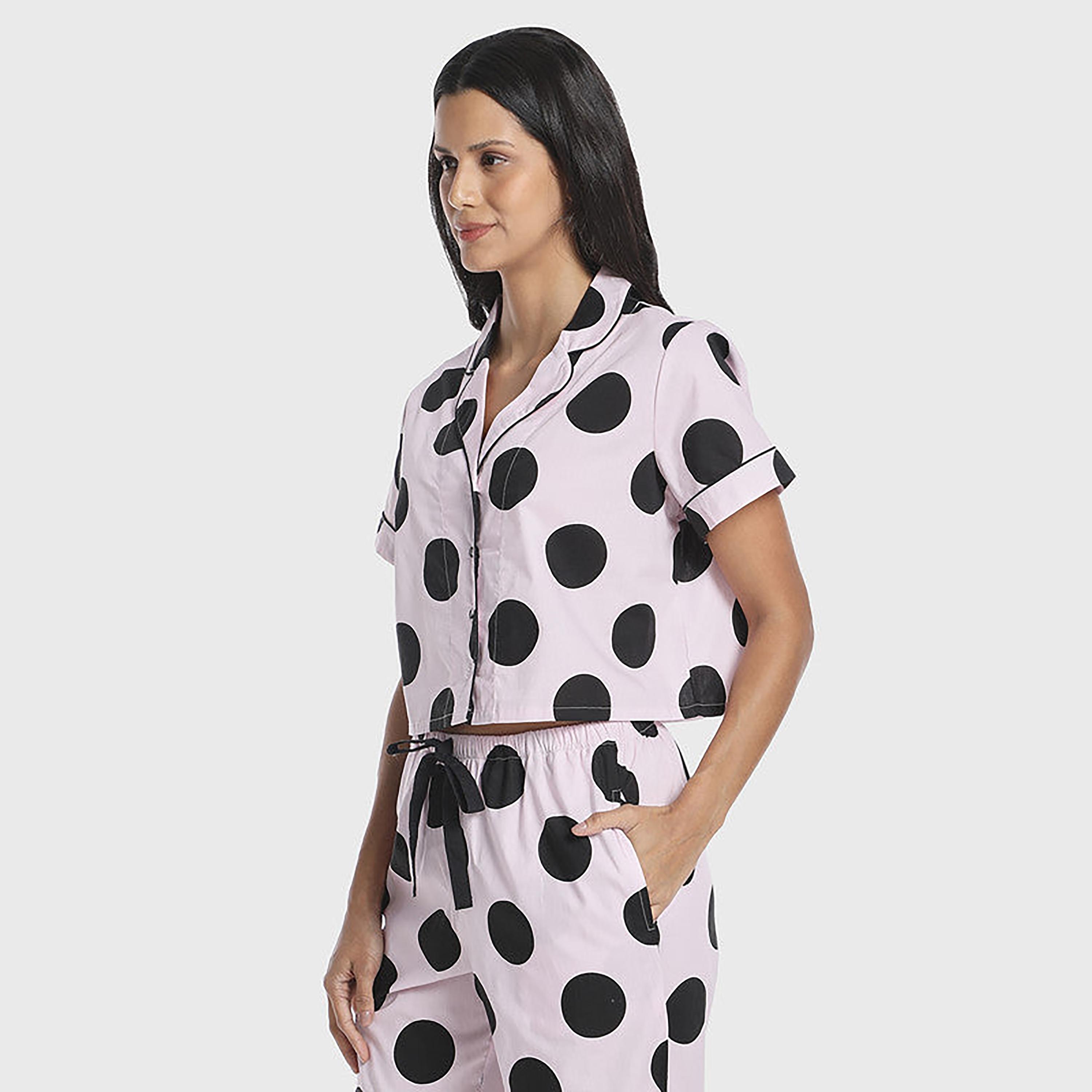 Isla & Evie Polka Dots Cuban Collar Short Sleeves Women's Crop Sleep Shirt-women-clothing-nightwear-pyjamas-tops-image-3