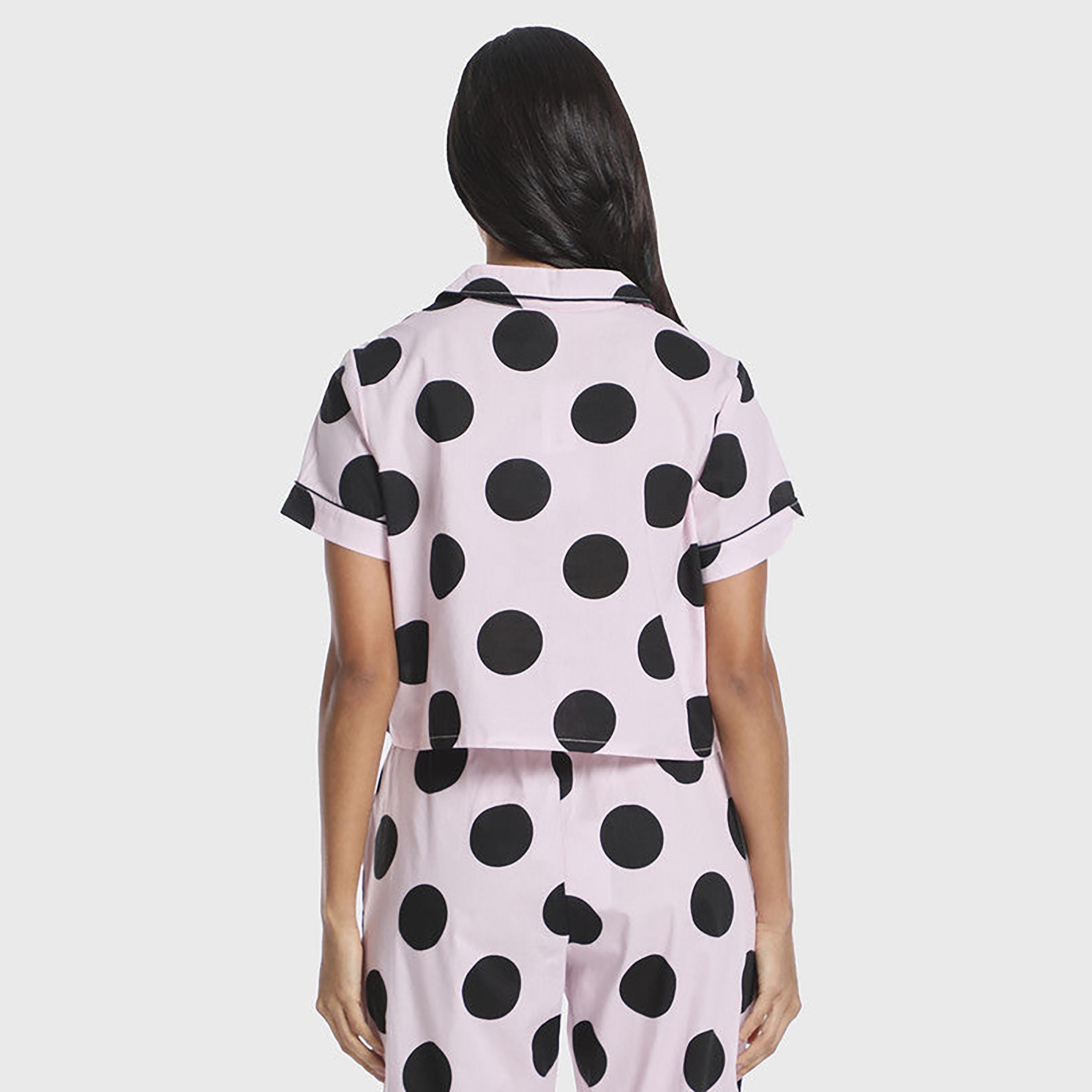 Isla & Evie Polka Dots Cuban Collar Short Sleeves Women's Crop Sleep Shirt-women-clothing-nightwear-pyjamas-tops-image-4