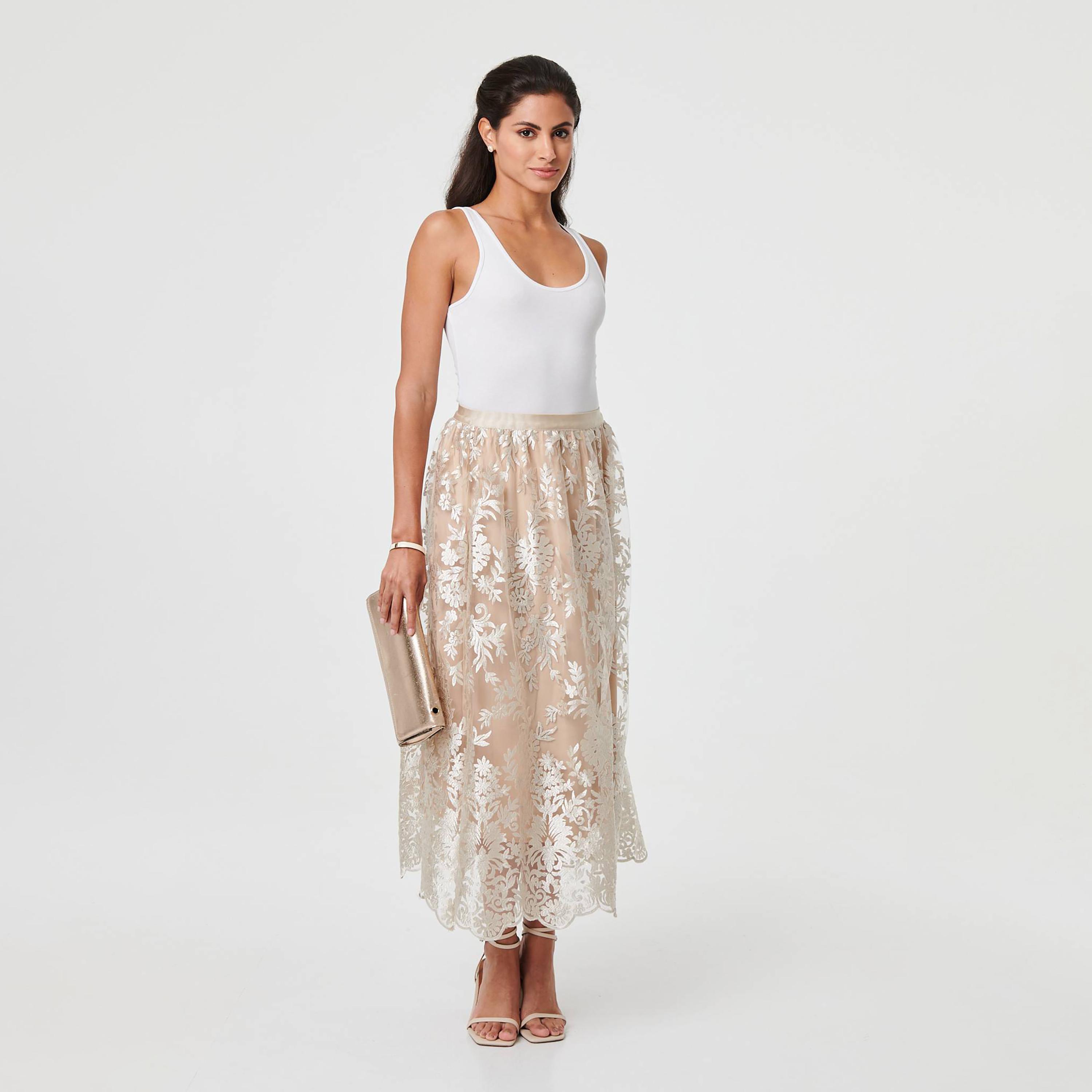 Izabel London Beige Sheer Floral Embroidred A-line Women's Skirt-women-clothing-skirts-image-2
