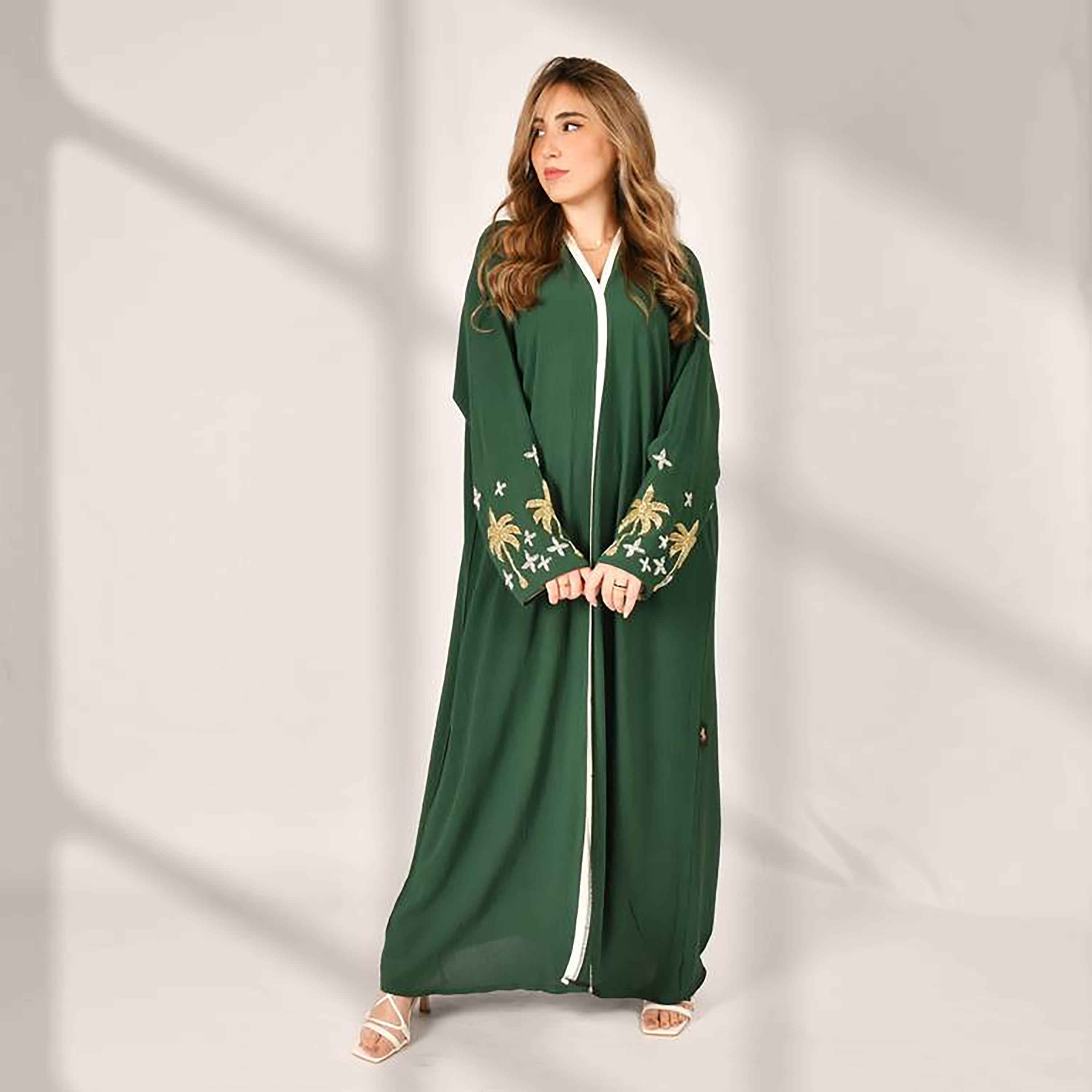 Hawraa Abaya Green Textured Embellished Sleeves Linen Women's Abaya-women-arabicclothing-abayas-image-1