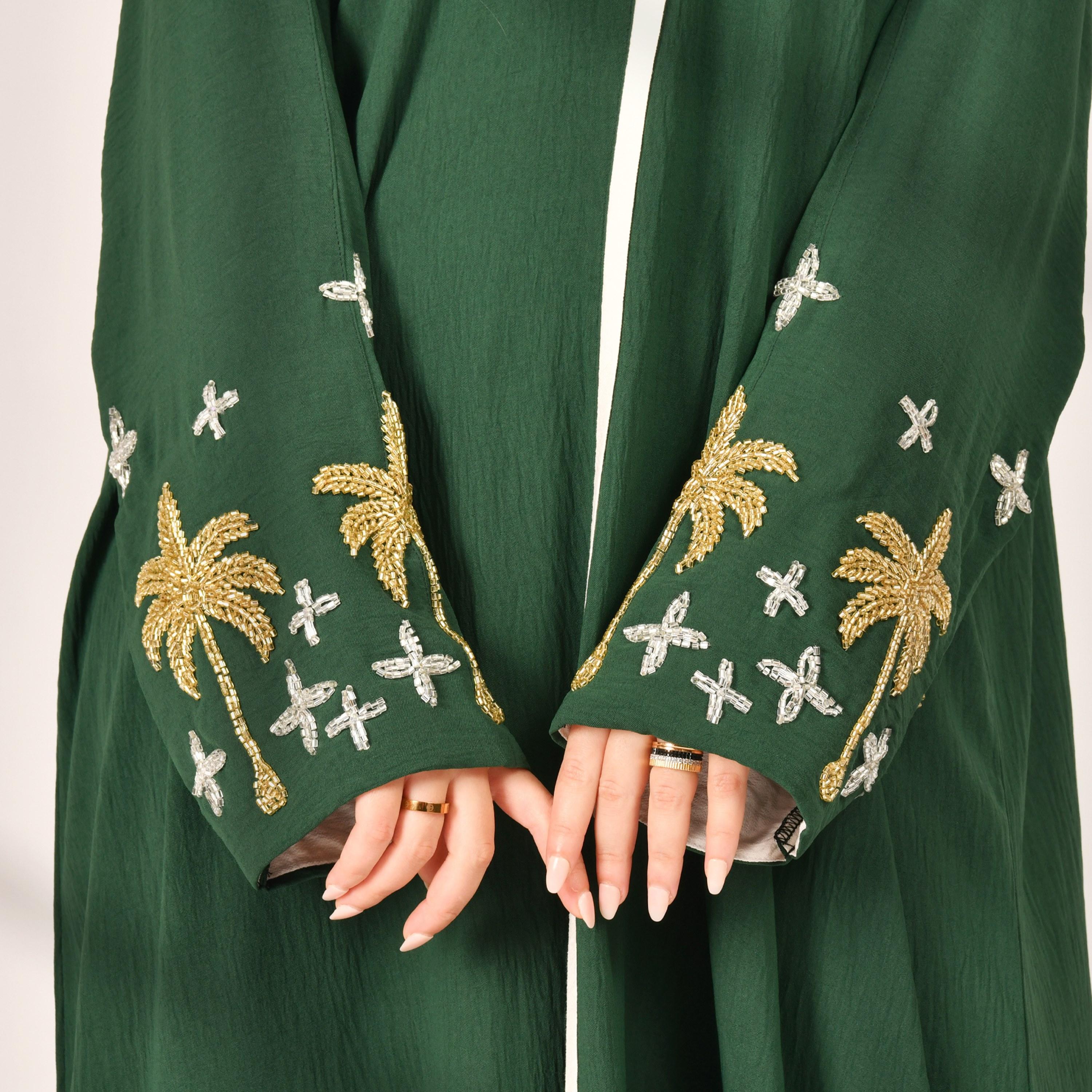 Hawraa Abaya Green Textured Embellished Sleeves Linen Women's Abaya-women-arabicclothing-abayas-image-4