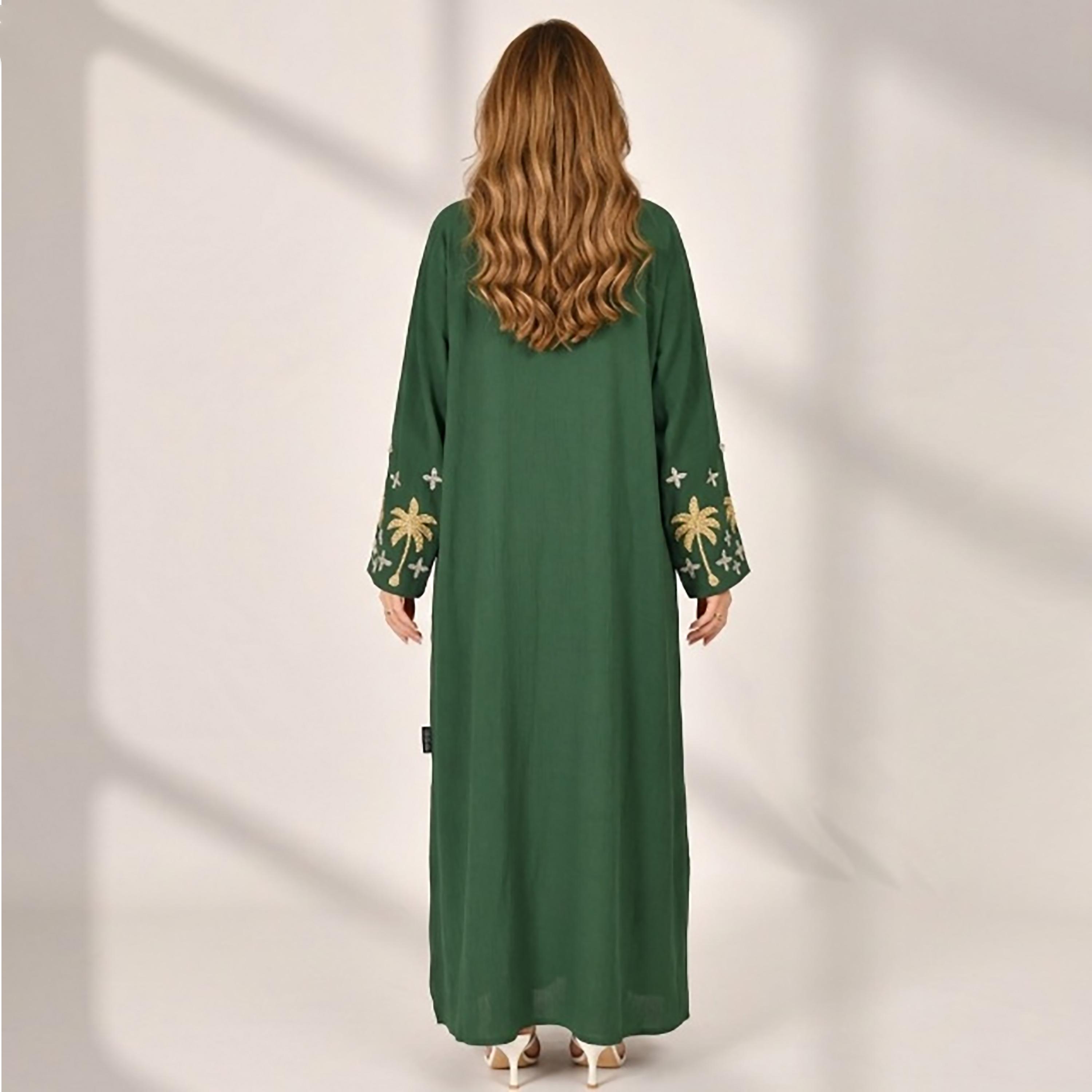 Hawraa Abaya Green Textured Embellished Sleeves Linen Women's Abaya-women-arabicclothing-abayas-image-5