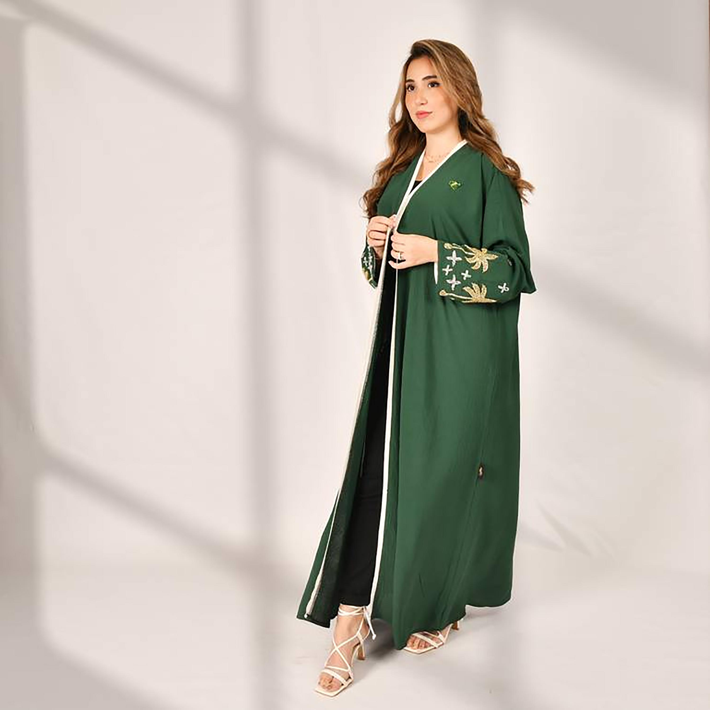 Hawraa Abaya Green Textured Embellished Sleeves Linen Women's Abaya-women-arabicclothing-abayas-image-7