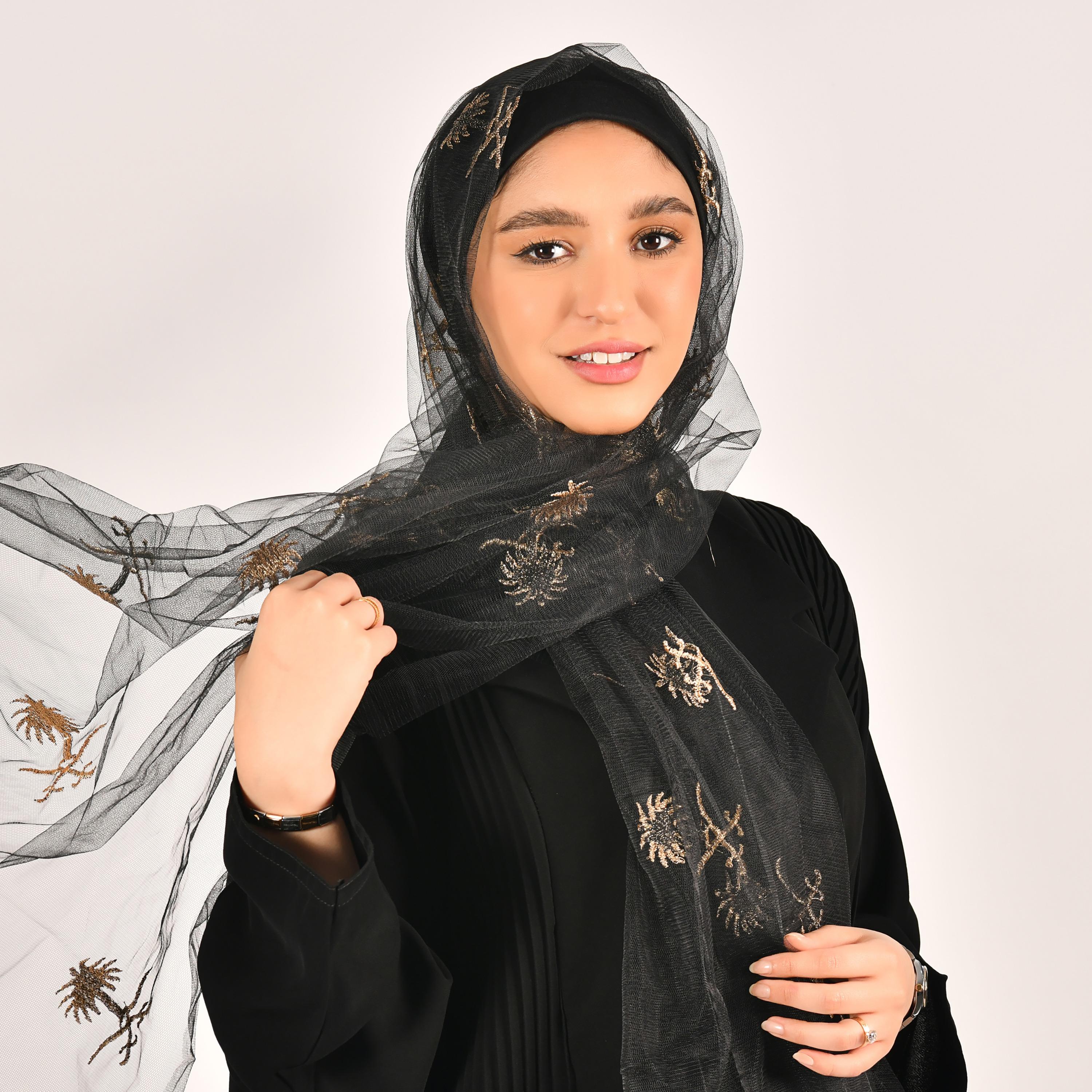 Hawraa Black Embroidered Crepe Hijab-women-arabicclothing-headscarf-hijab-image-1