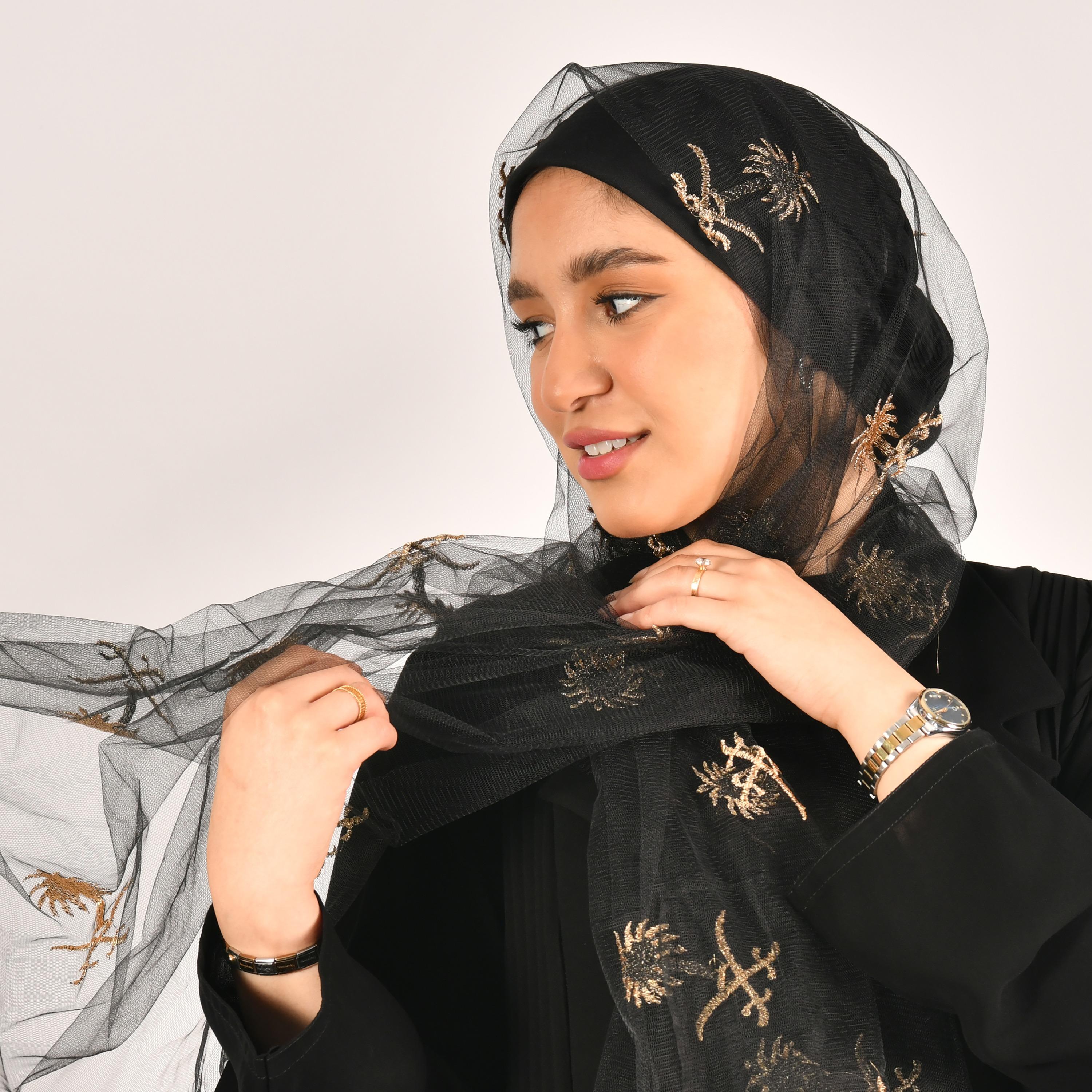 Hawraa Black Embroidered Crepe Hijab-women-arabicclothing-headscarf-hijab-image-2