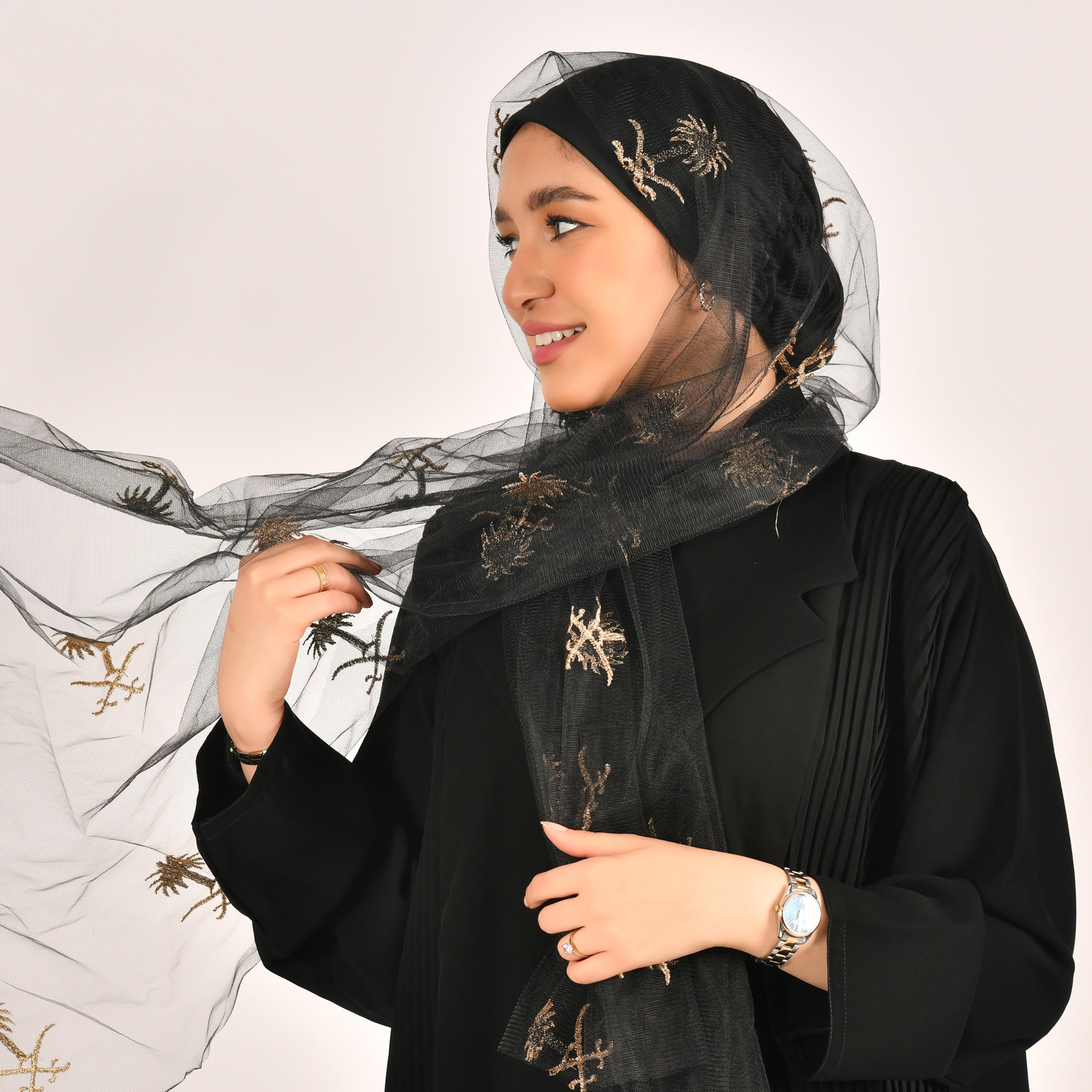Hawraa Black Embroidered Crepe Hijab-women-arabicclothing-headscarf-hijab-image-3